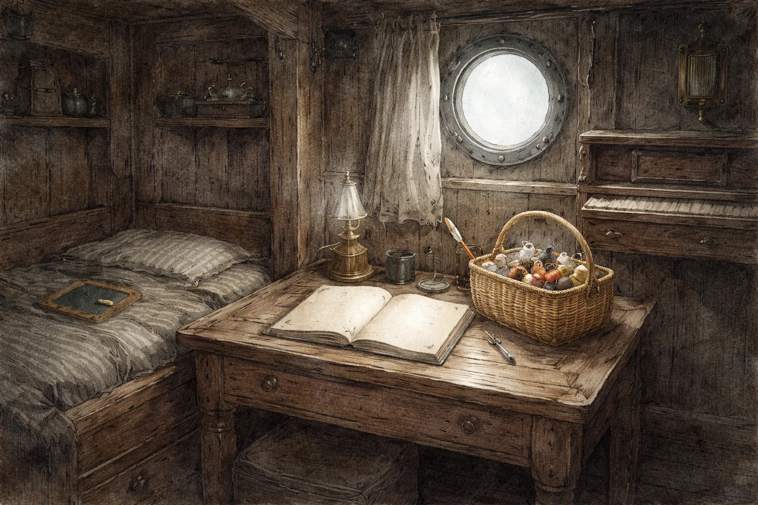 The interior of an abandoned ship's cabin — a table set for a meal, personal belongings untouched, no sign of struggle