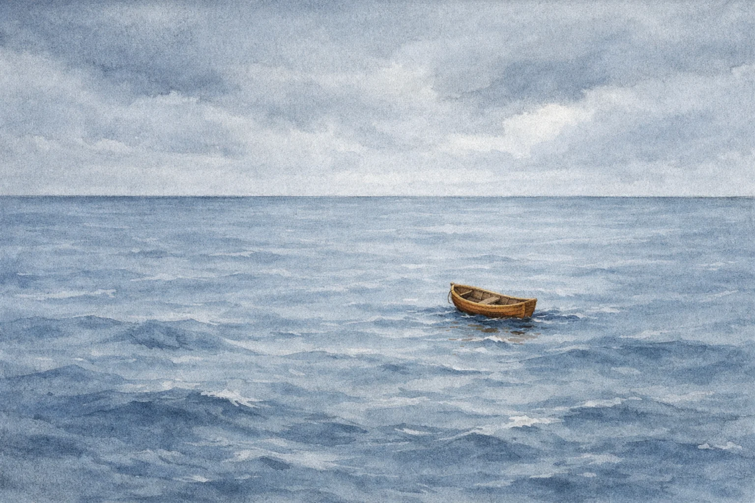 A small empty wooden lifeboat drifting on a vast, dark grey Atlantic sea under a stormy sky
