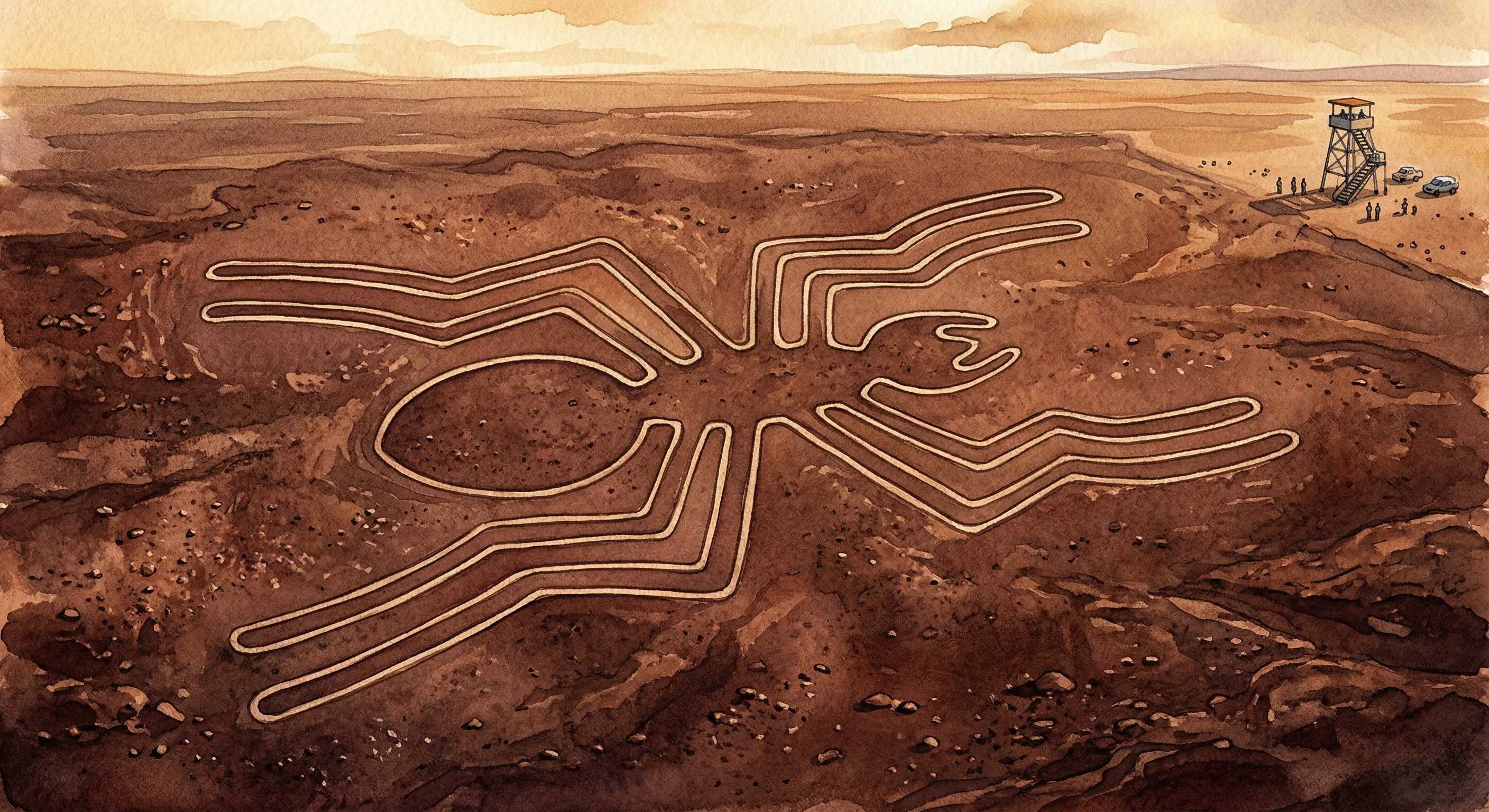 Aerial view of the Nazca spider geoglyph with precise legs and detailed body
