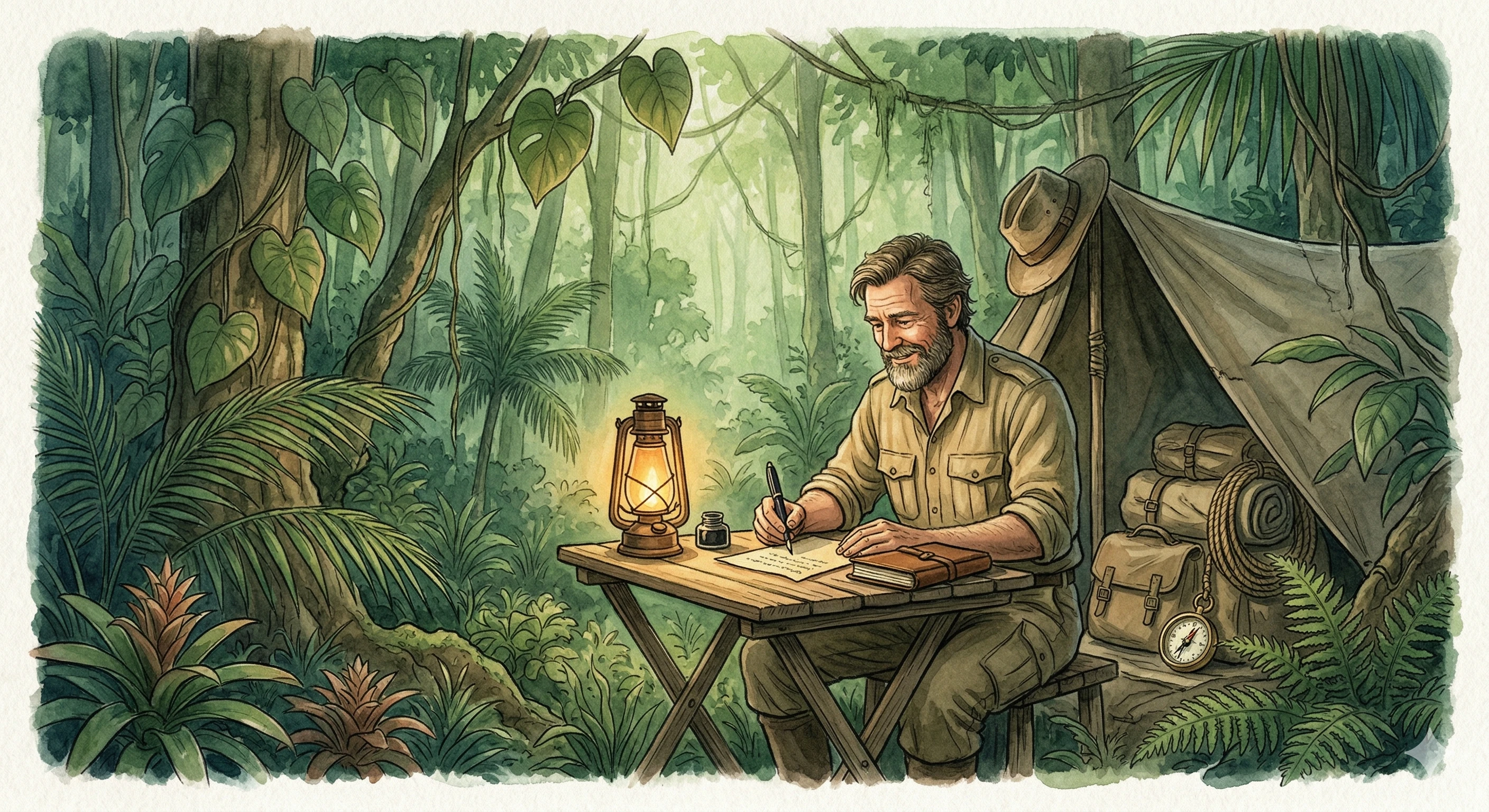 A British explorer writing a letter at a jungle camp table, amber lantern light, dense green Amazon canopy above