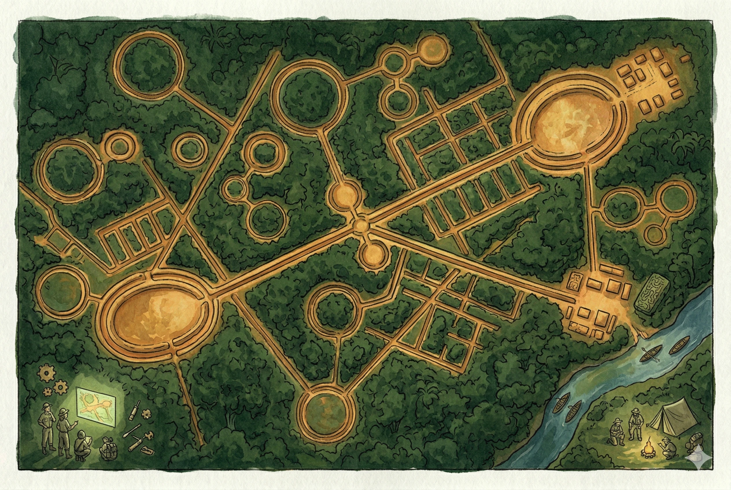 Ancient Amazon settlement patterns revealed by LiDAR scanning — geometric earthworks, ancient roads glowing in scan colours