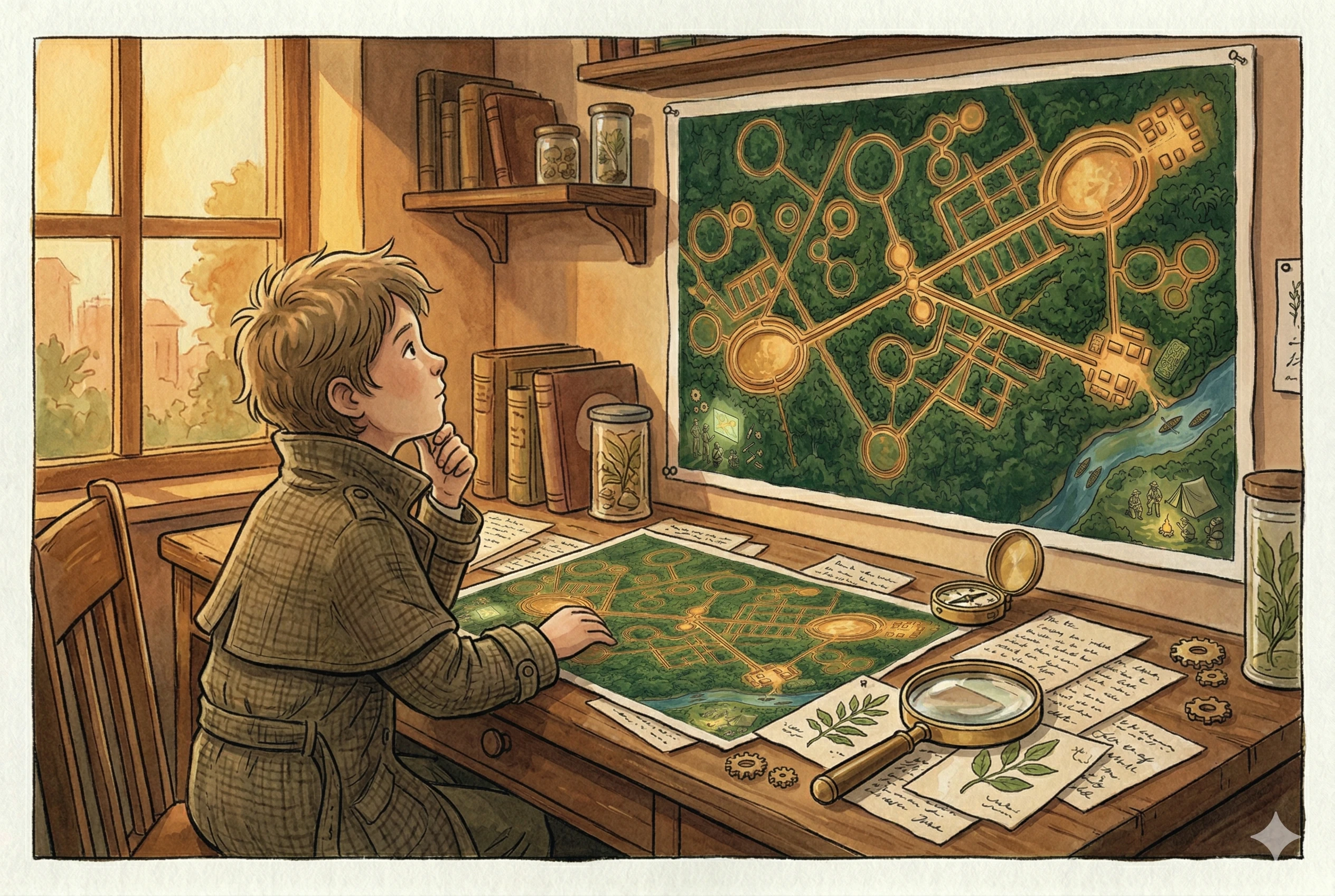 A young detective at a desk covered in maps and letters, looking at a large map of the Amazon on the wall