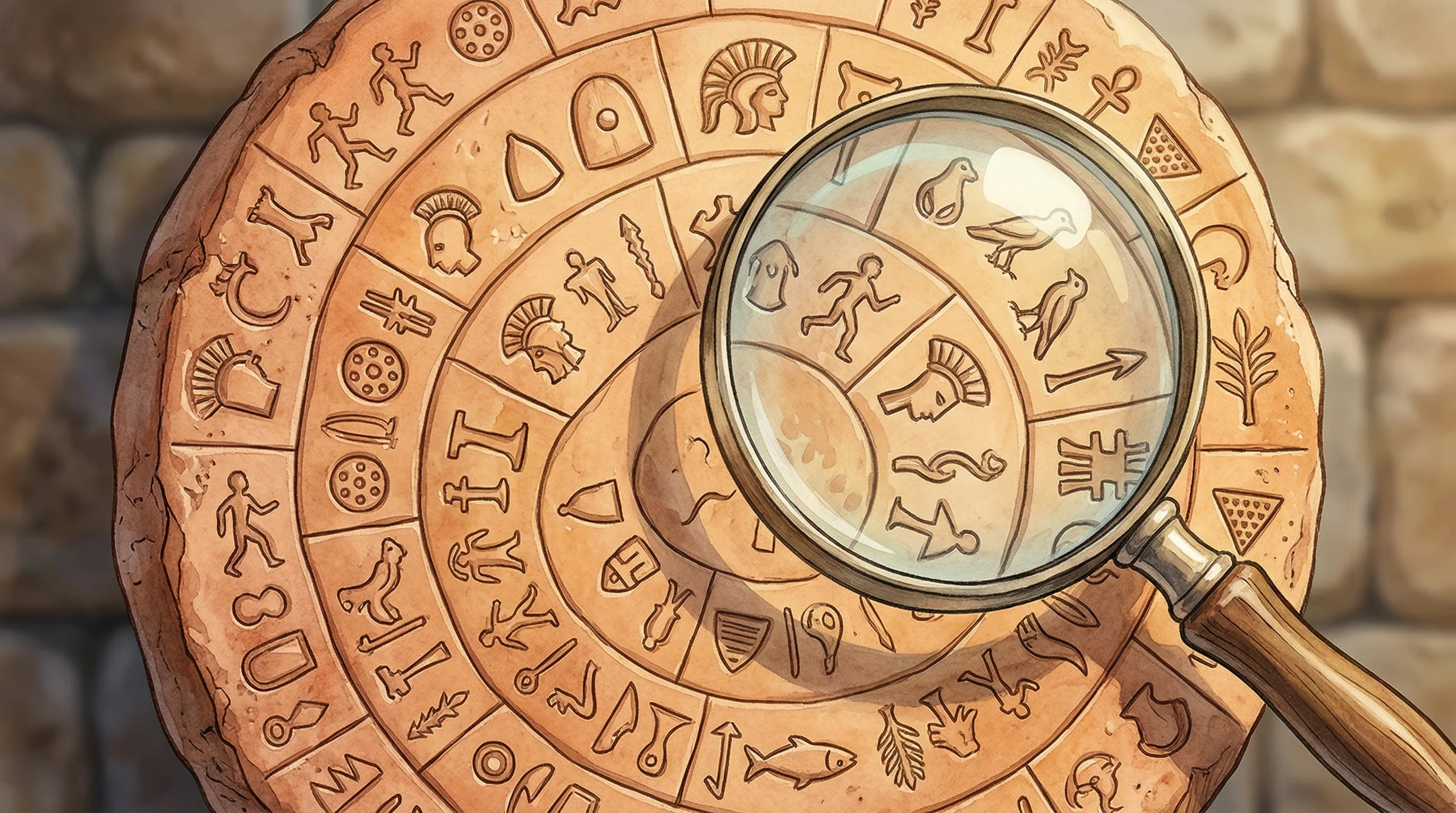 Close-up of tiny carved stamps being pressed into clay, showing detailed Phaistos Disc symbols