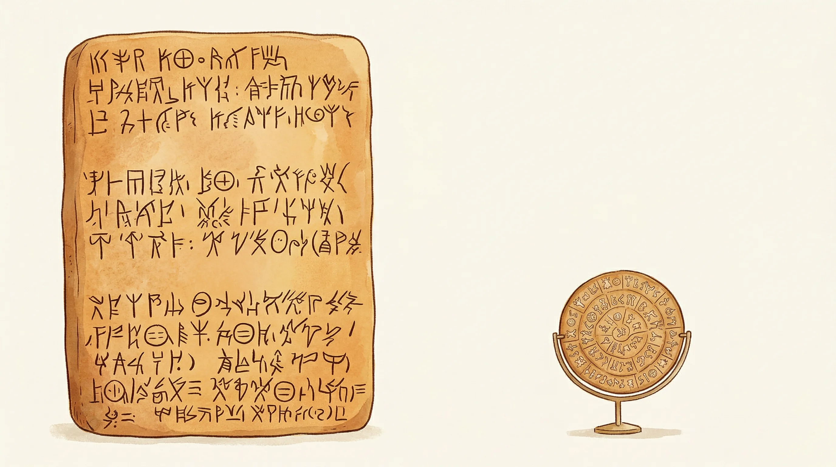 Illustrated grid of key Phaistos Disc symbols showing plumed head, shield, bird, ship and other pictographic signs