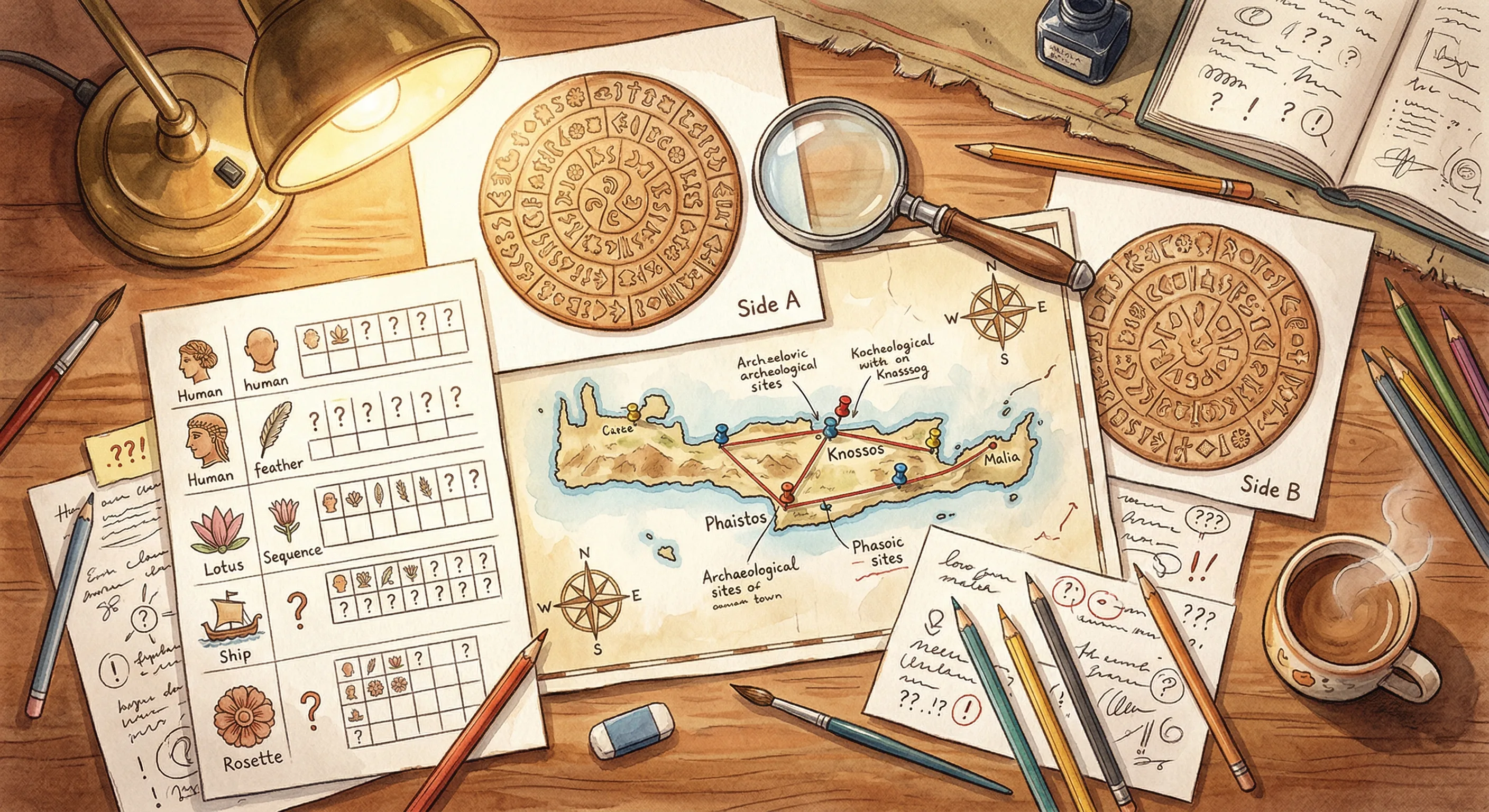 A detective's desk with photographs of both sides of the Phaistos Disc, a map of Crete, symbol charts, and a magnifying glass