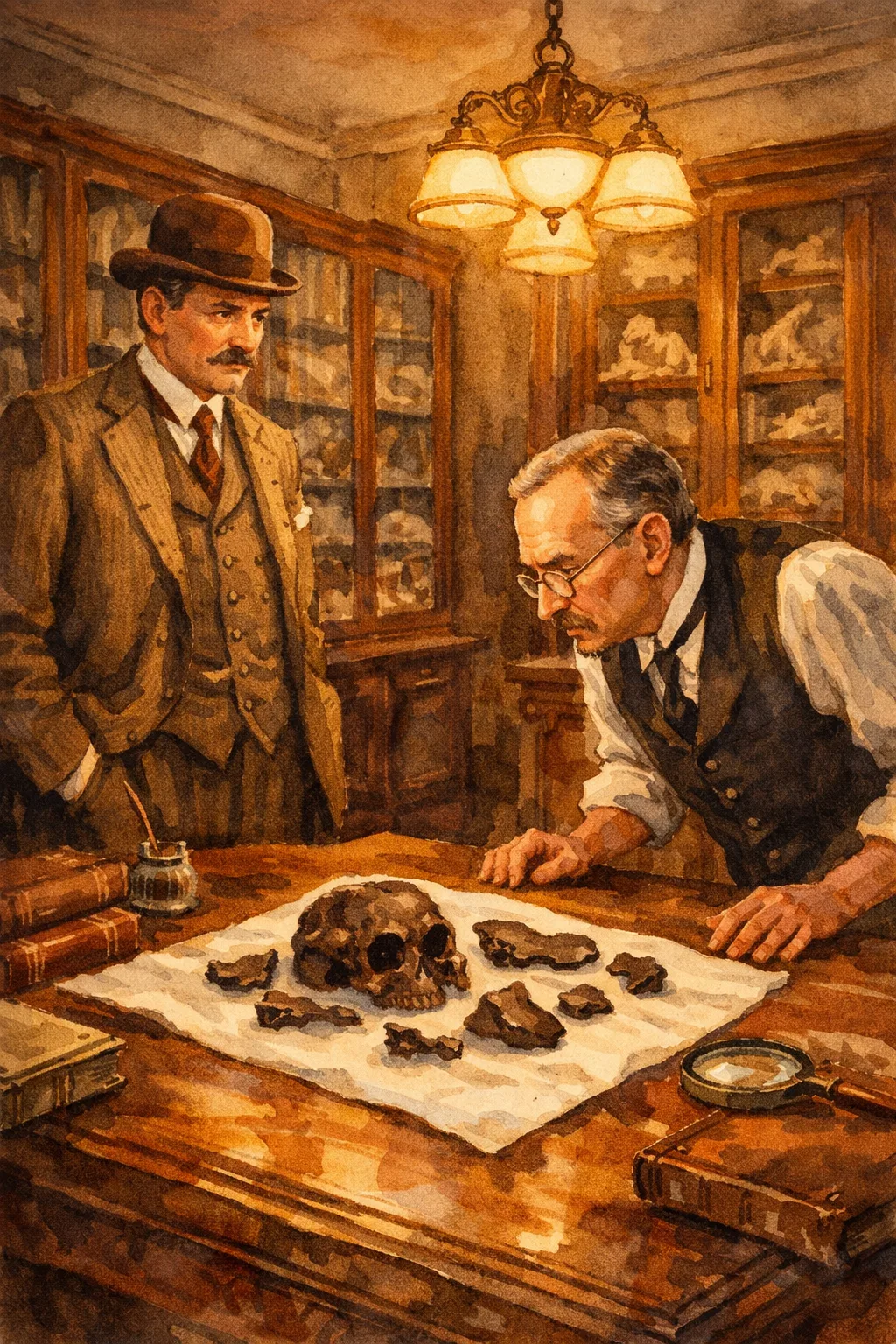 A man presenting dark skull fragments to a scientist in a museum office