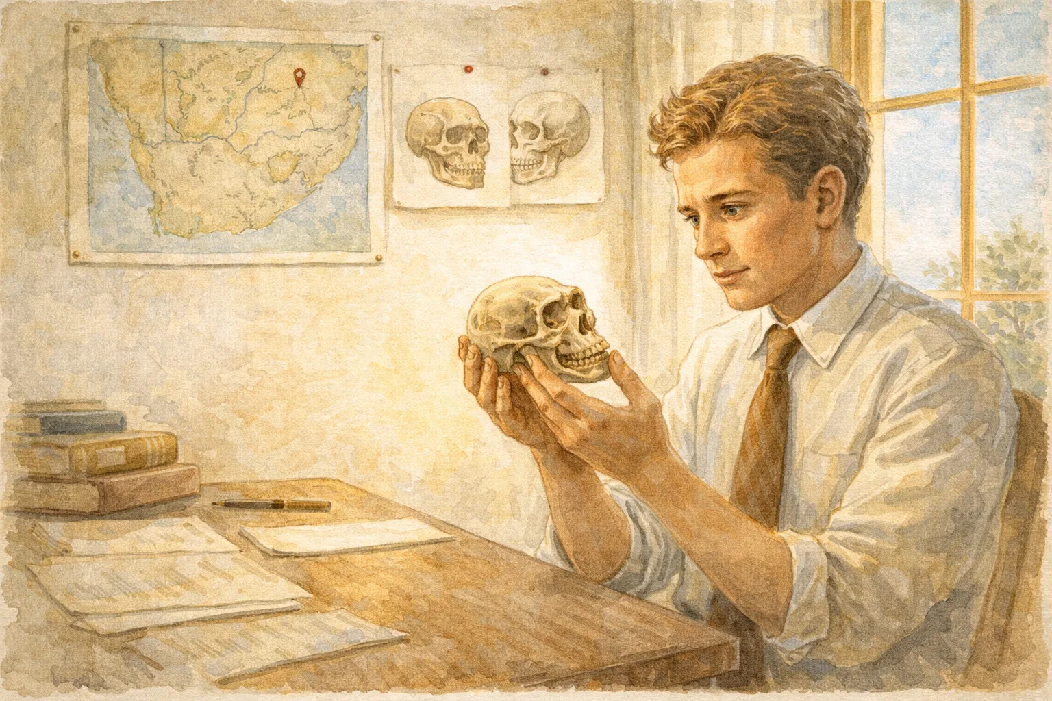 A scientist examining a small fossil skull with comparison drawings on the wall