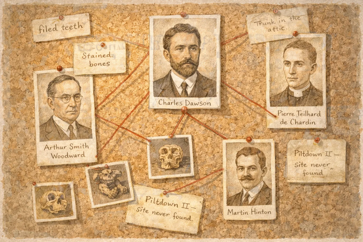 A detective board with portraits and evidence connected by string