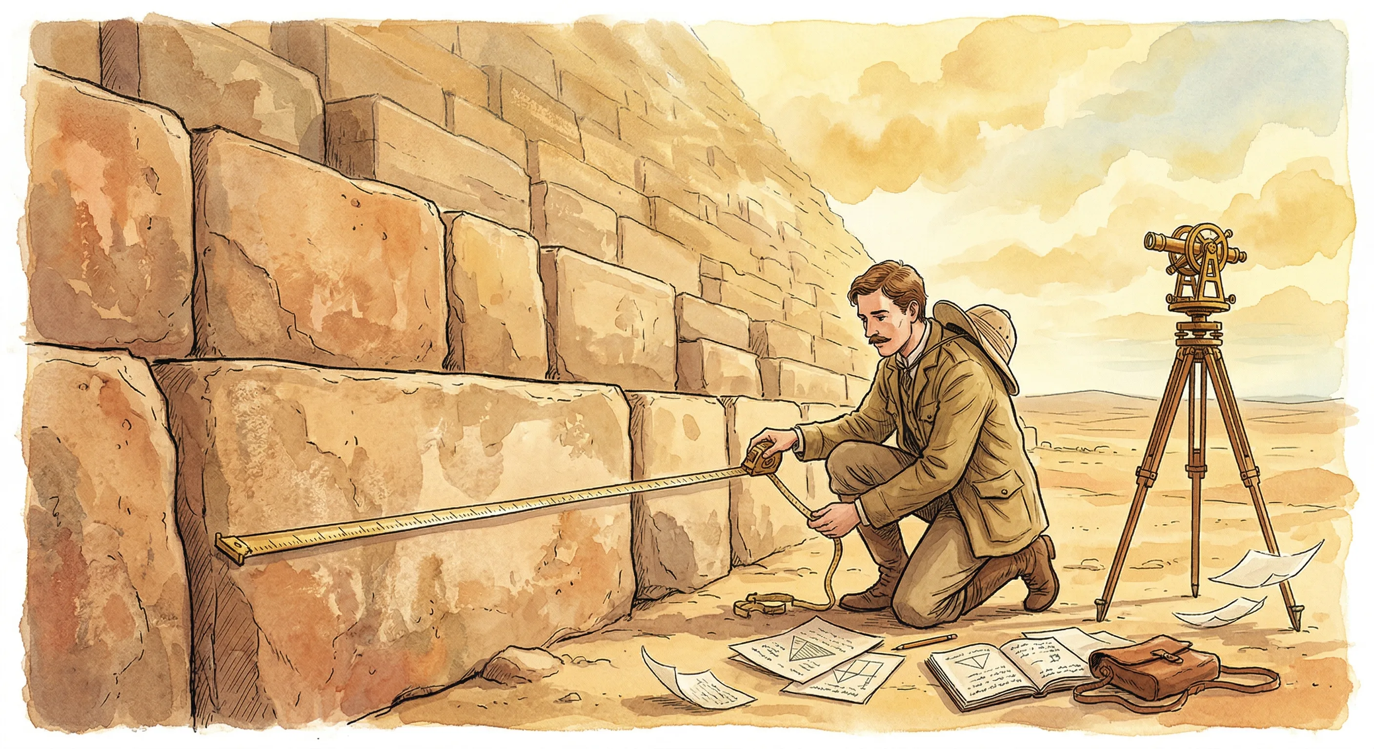 Victorian-era surveyor measuring the Great Pyramid's stone blocks with precision instruments
