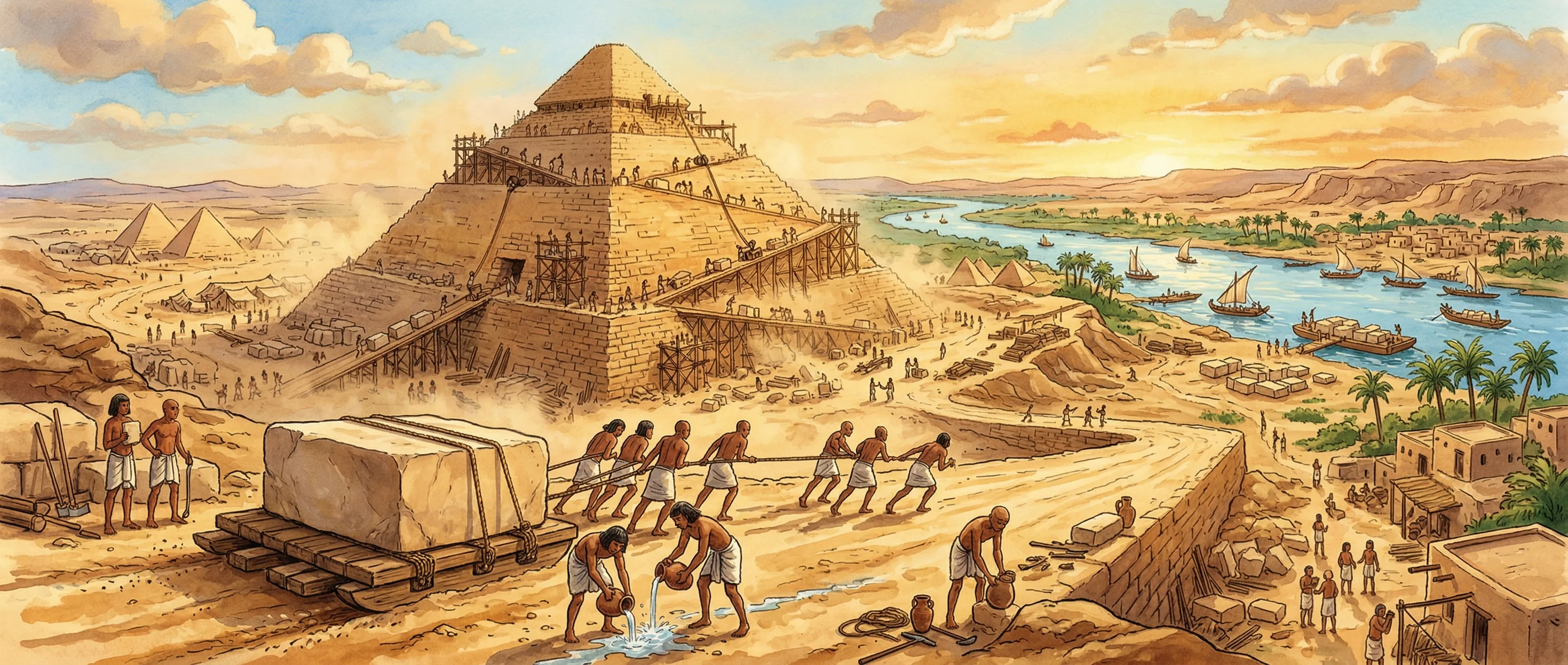 The Great Pyramid of Giza today under a golden sunset sky with visitors at its base