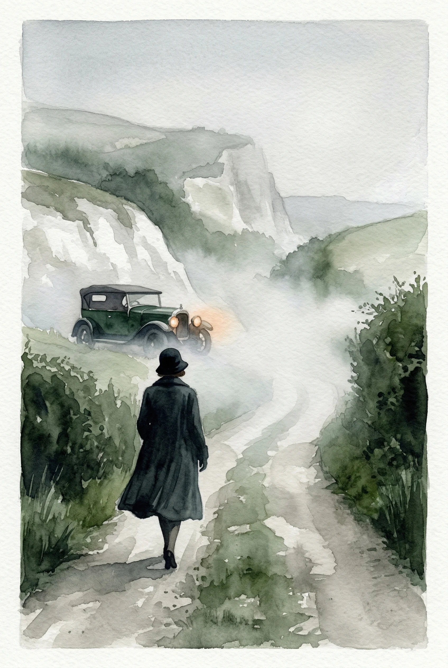 A woman's silhouette in a 1920s coat walks away into white fog, a green motor car with glowing headlights visible behind her on a chalk hillside