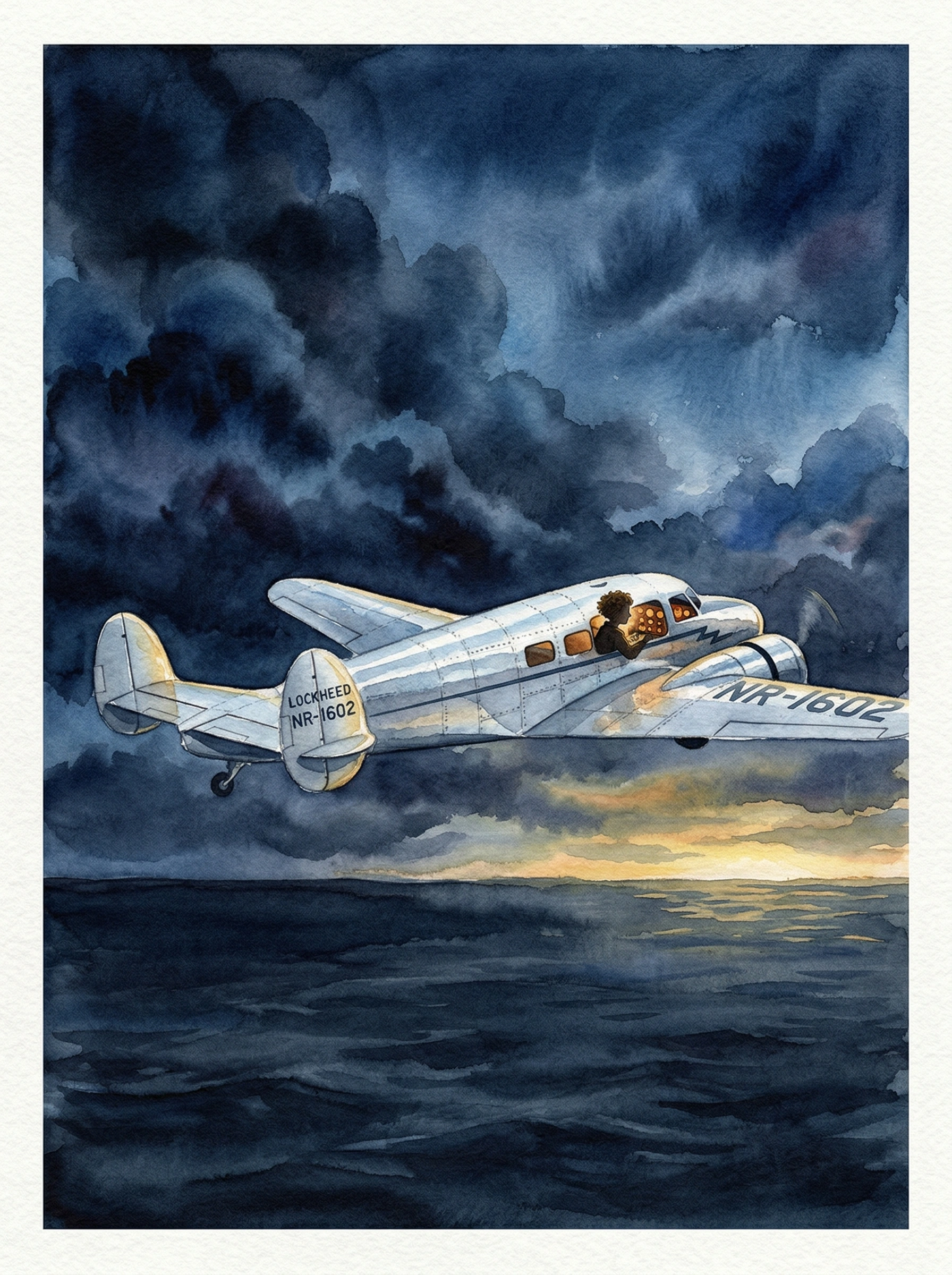 A lone silver aeroplane flying low over a vast grey-blue Pacific Ocean, the horizon blending into heavy cloud