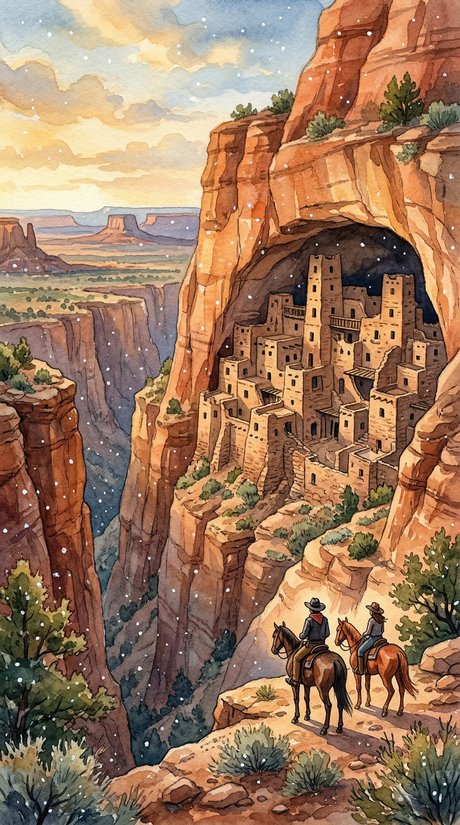 Vast stone city built into a cliff alcove in a red-rock canyon, seen through falling snow
