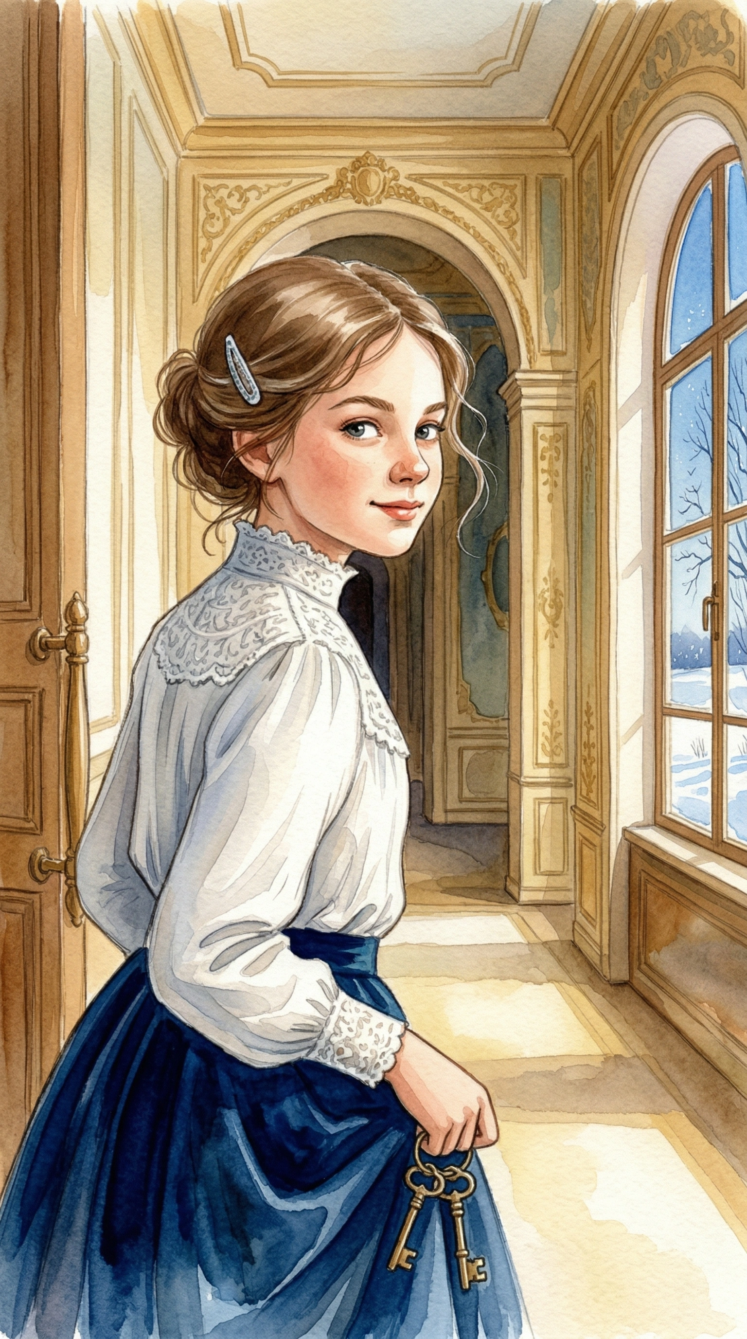 A young princess in palace dress looks over her shoulder in a grand corridor, winter light behind her