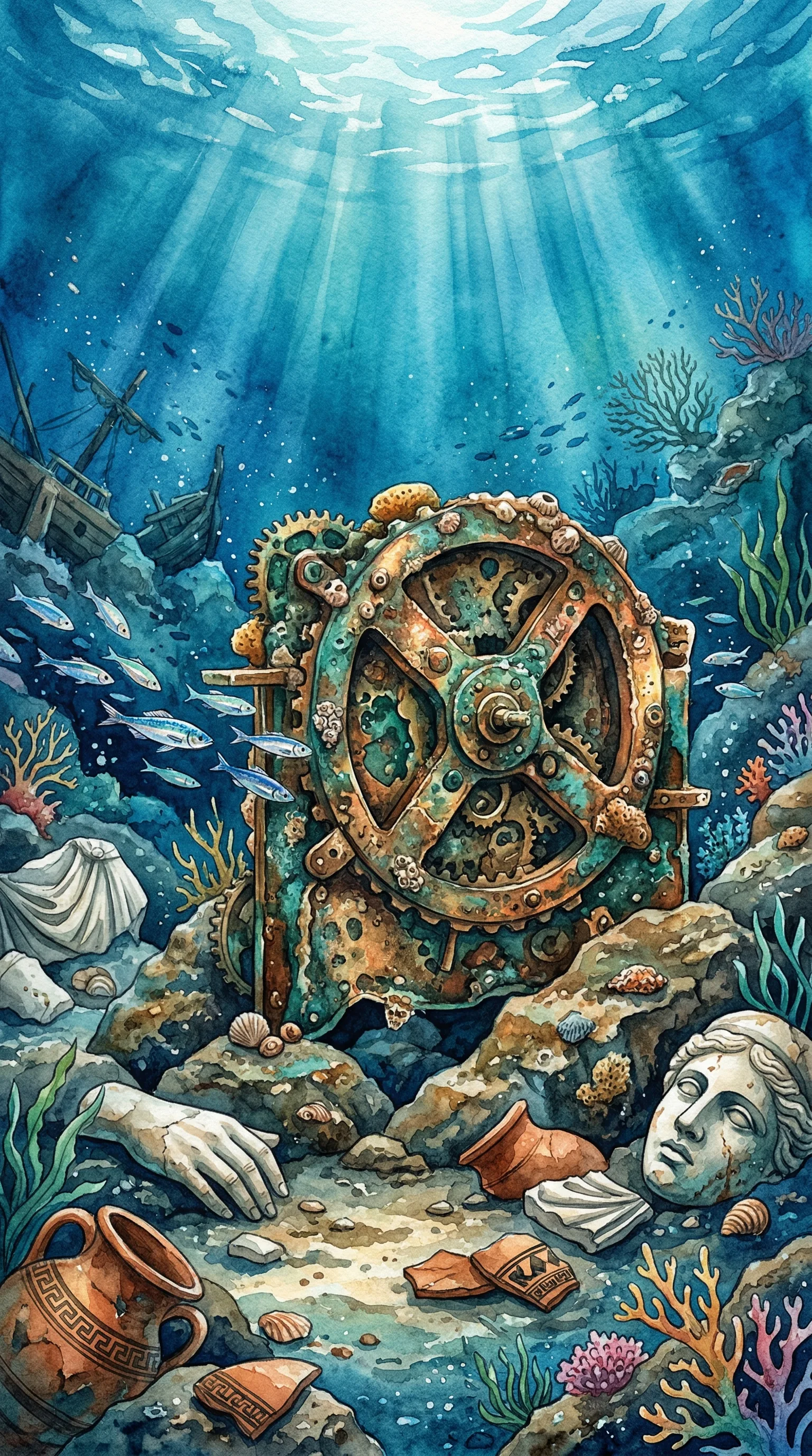An ancient corroded bronze mechanism with visible gear wheels, displayed against a deep blue underwater backdrop