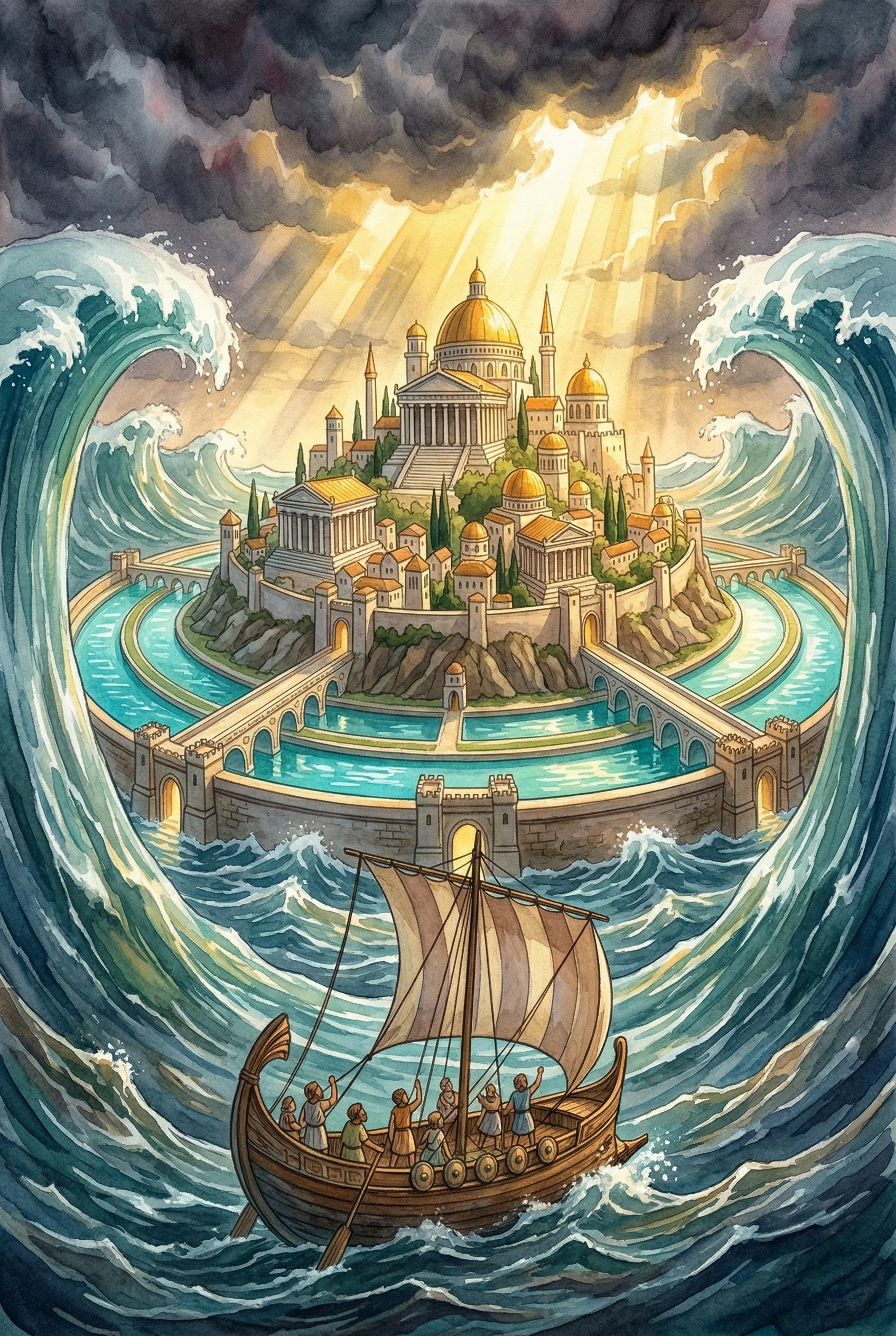 A grand ancient island city with temples and towers sinking beneath churning ocean waves