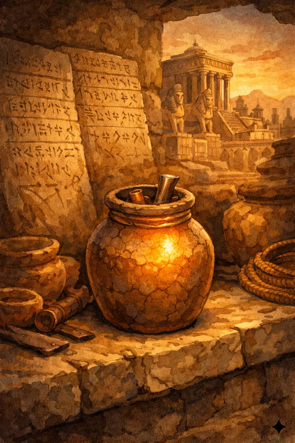 A small clay jar glowing faintly, with copper and iron components visible inside, set against an ancient Mesopotamian backdrop