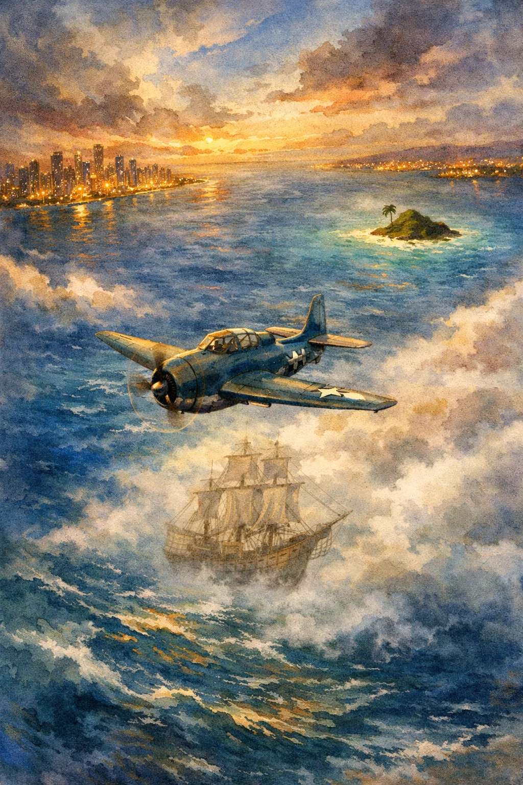 A dramatic ocean scene with ships and planes near the Bermuda Triangle