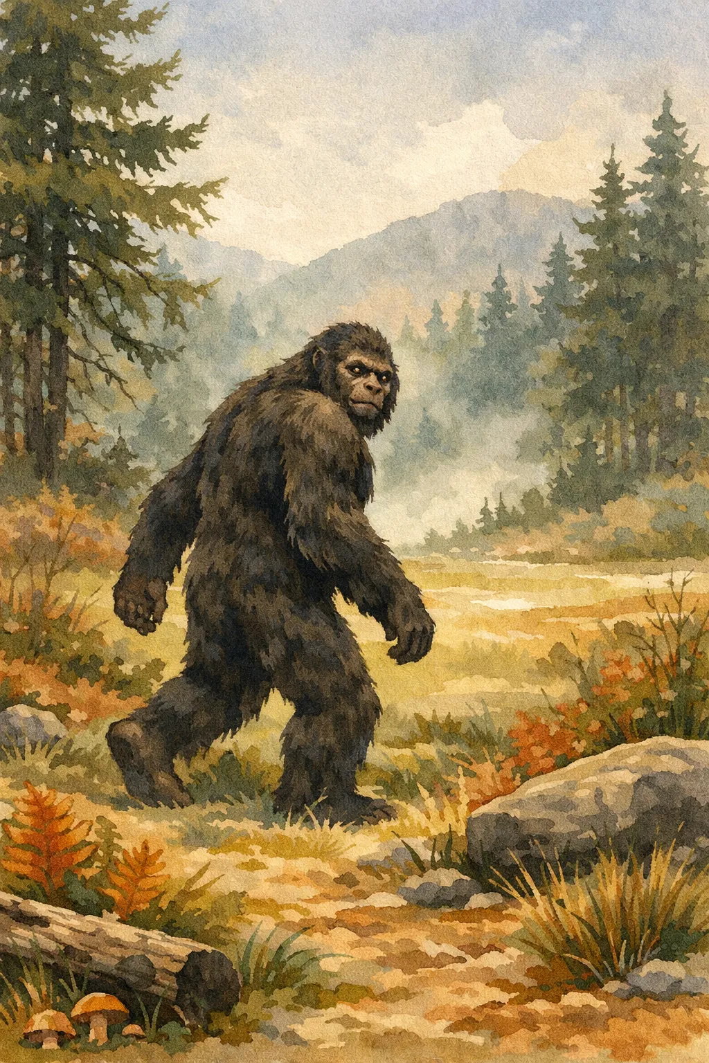 A dark ape-like figure walking through a misty forest clearing in northern California