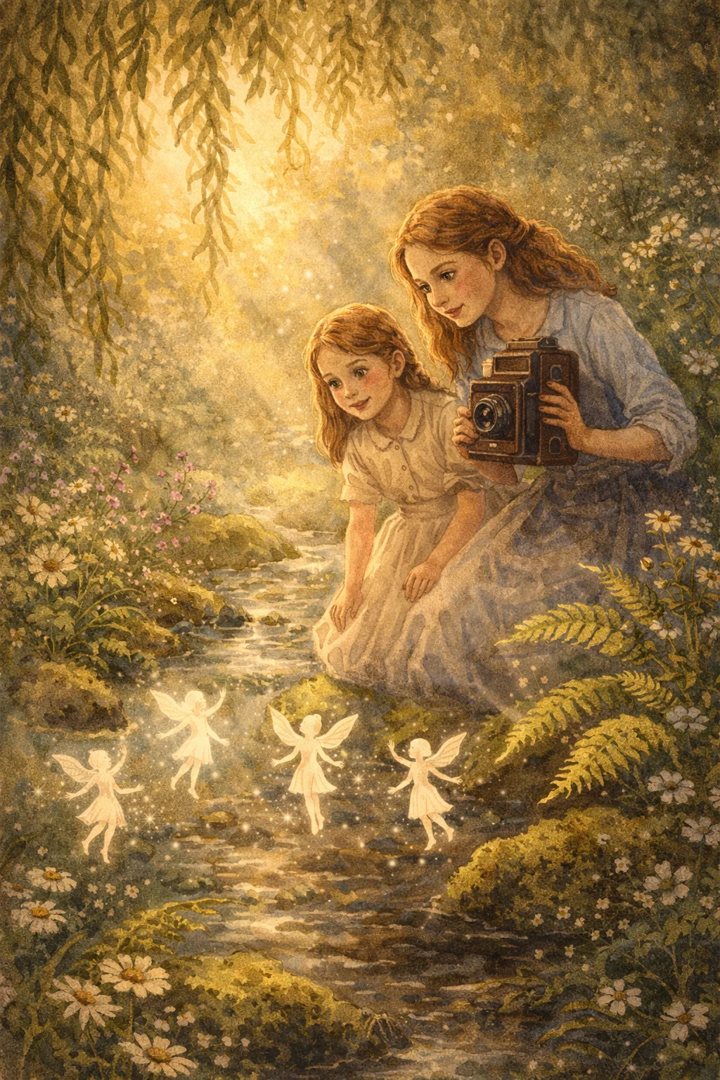 Two girls by a stream with fairy figures dancing in front of them