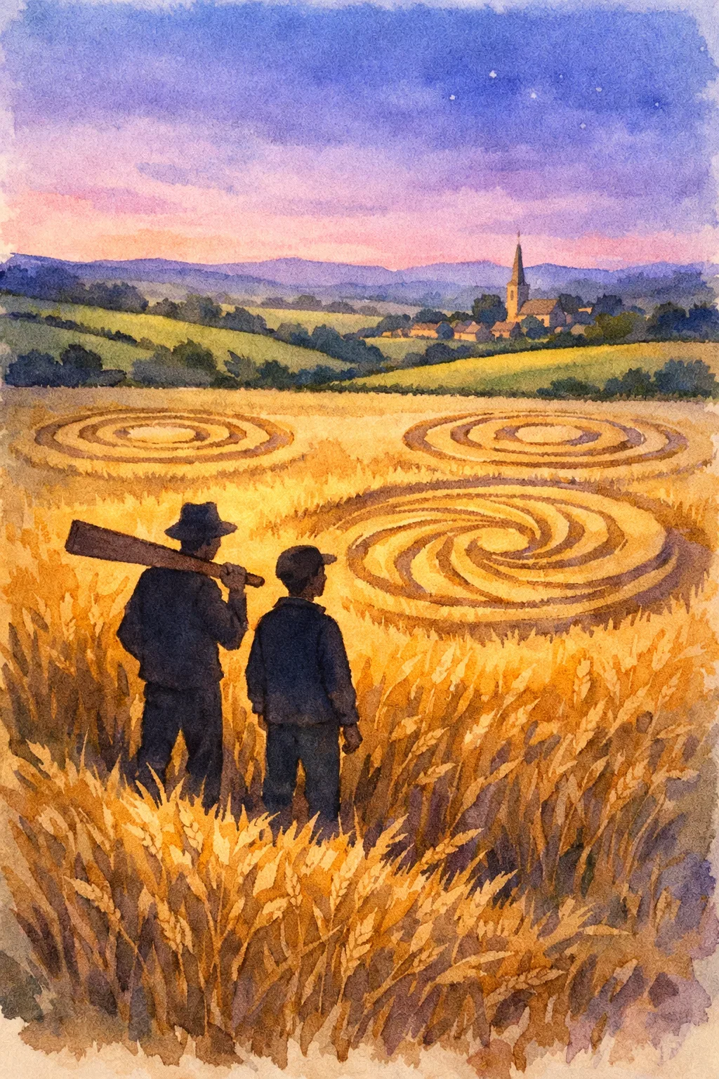 Two silhouetted figures standing in a wheat field at dusk with mysterious geometric crop circles visible around them