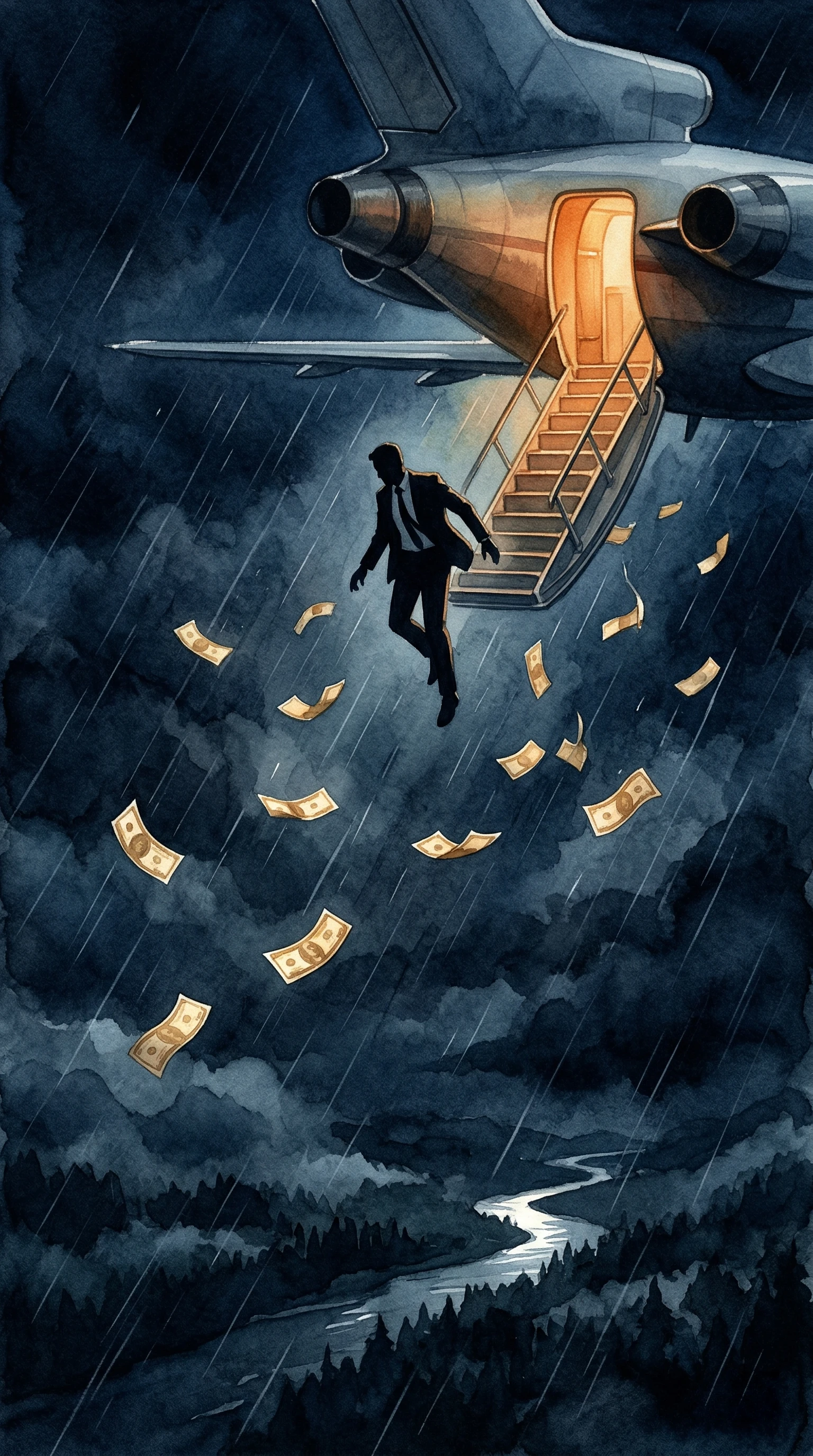 A silhouette of a man in a suit falling through a dark rainy sky, money bills scattering around him