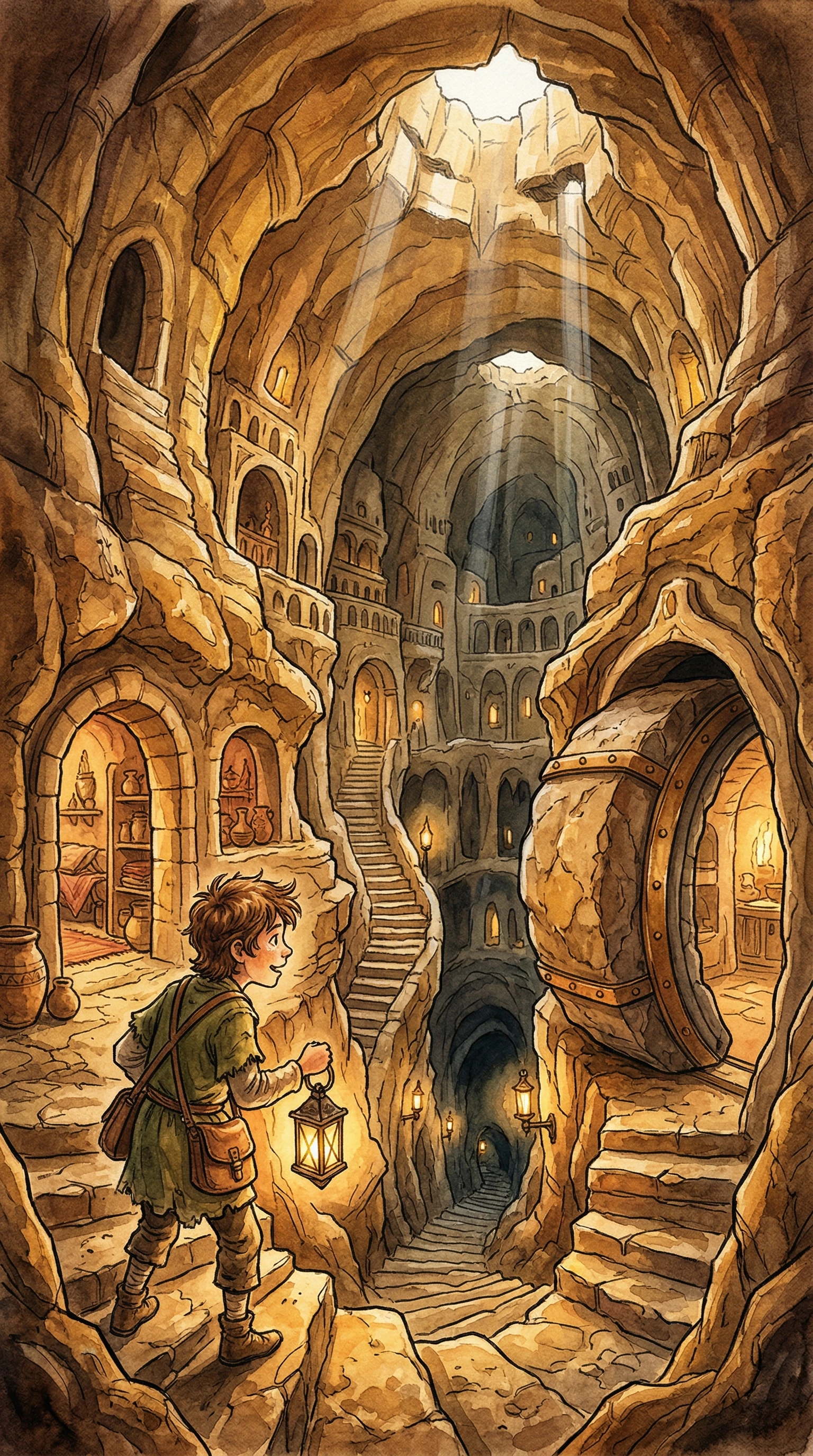A vast underground city carved into rock, with narrow tunnels, arched doorways, and soft lantern light
