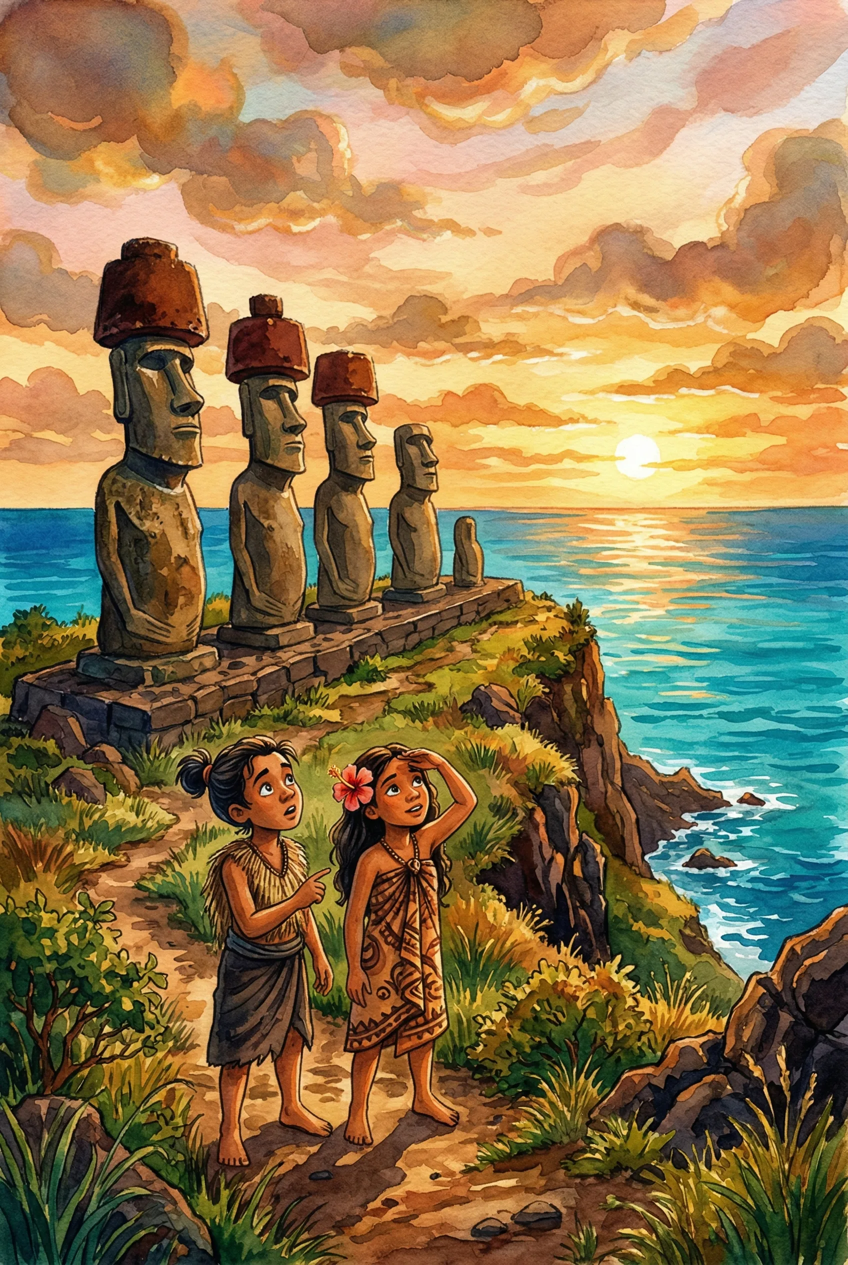 Giant moai statues standing on a grassy hillside on Easter Island against a dramatic sky