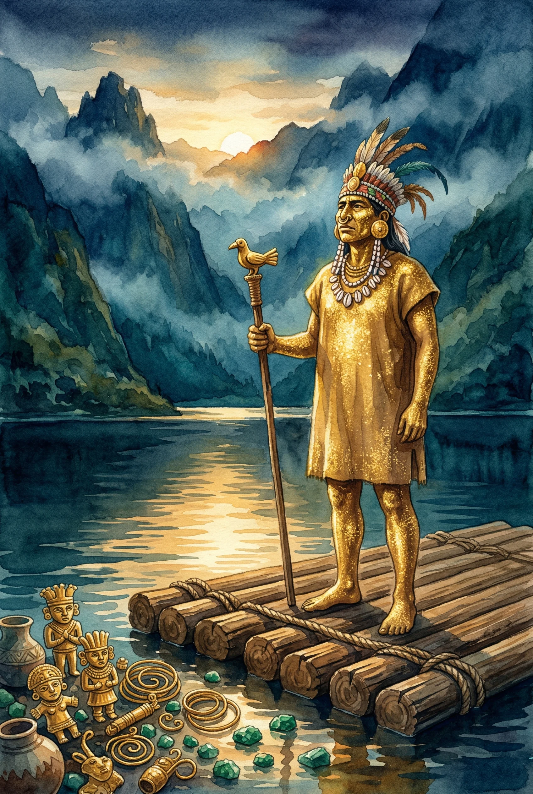A chief covered in gold dust standing on a raft on a misty mountain lake at dawn, surrounded by attendants