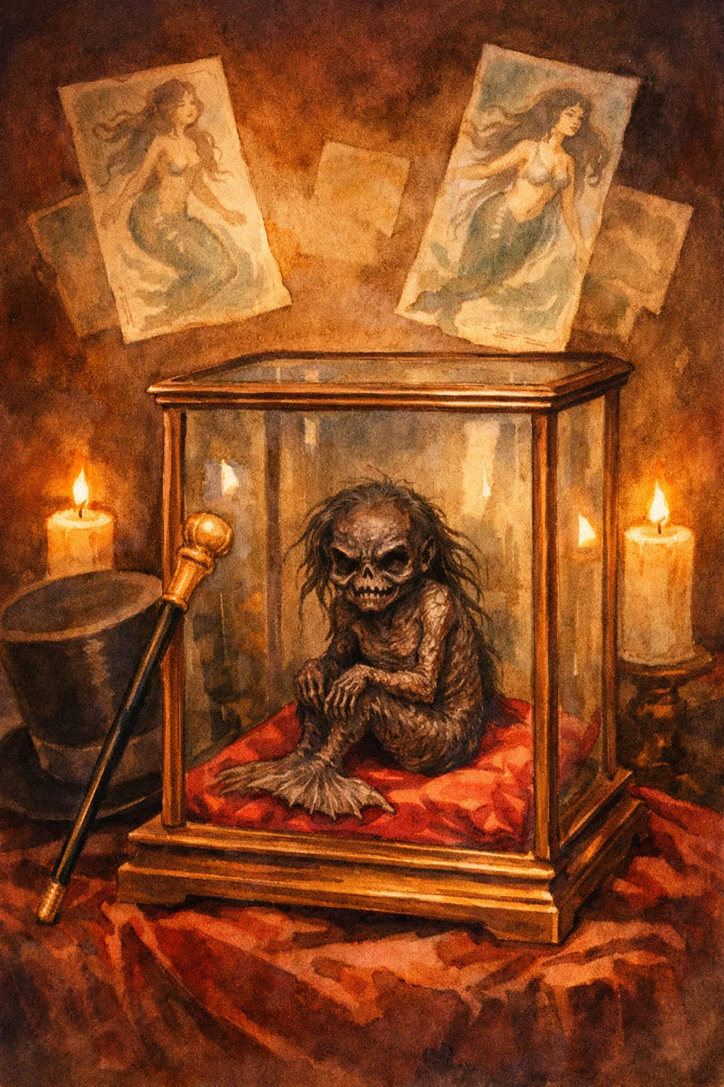 A shrivelled monkey-fish creature in a glass display case, with pamphlets showing a beautiful mermaid scattered around it