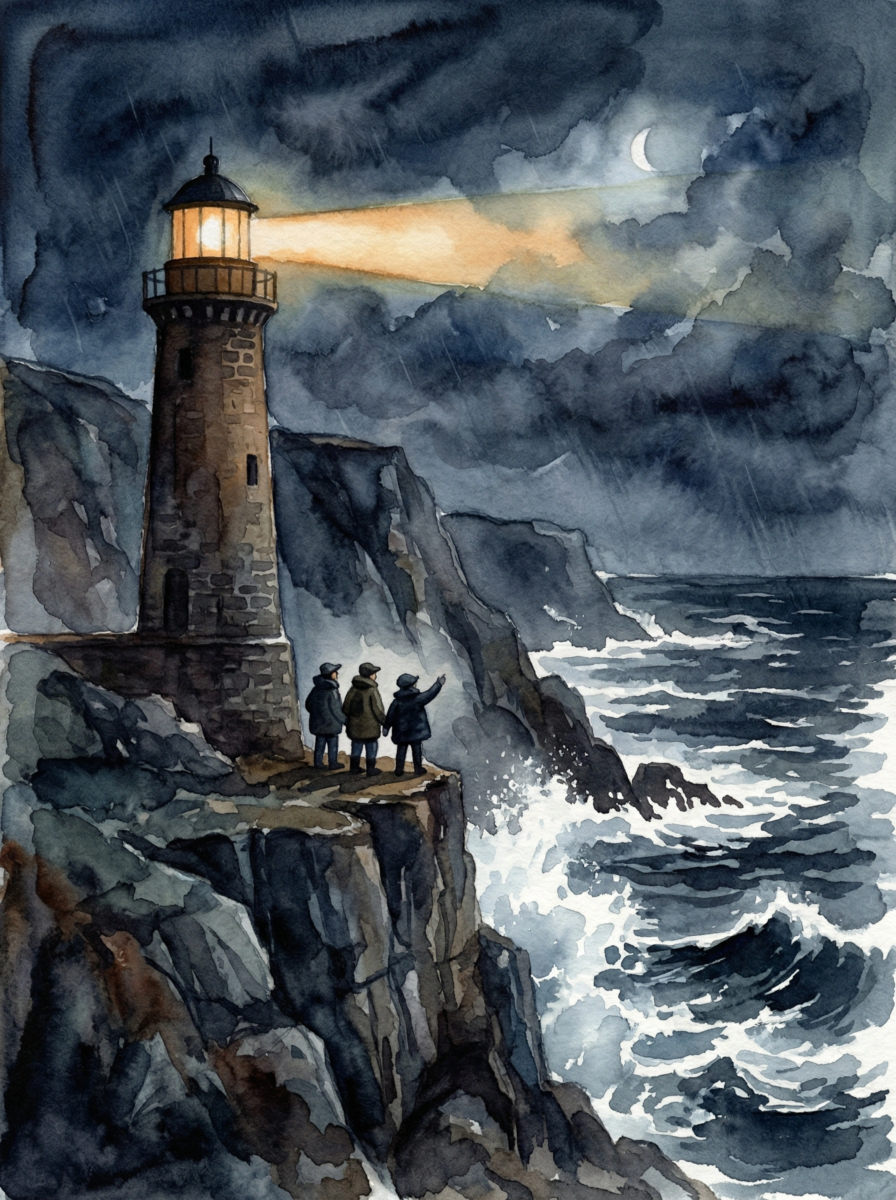 A remote lighthouse on dark rocky cliffs with a stormy Atlantic sea