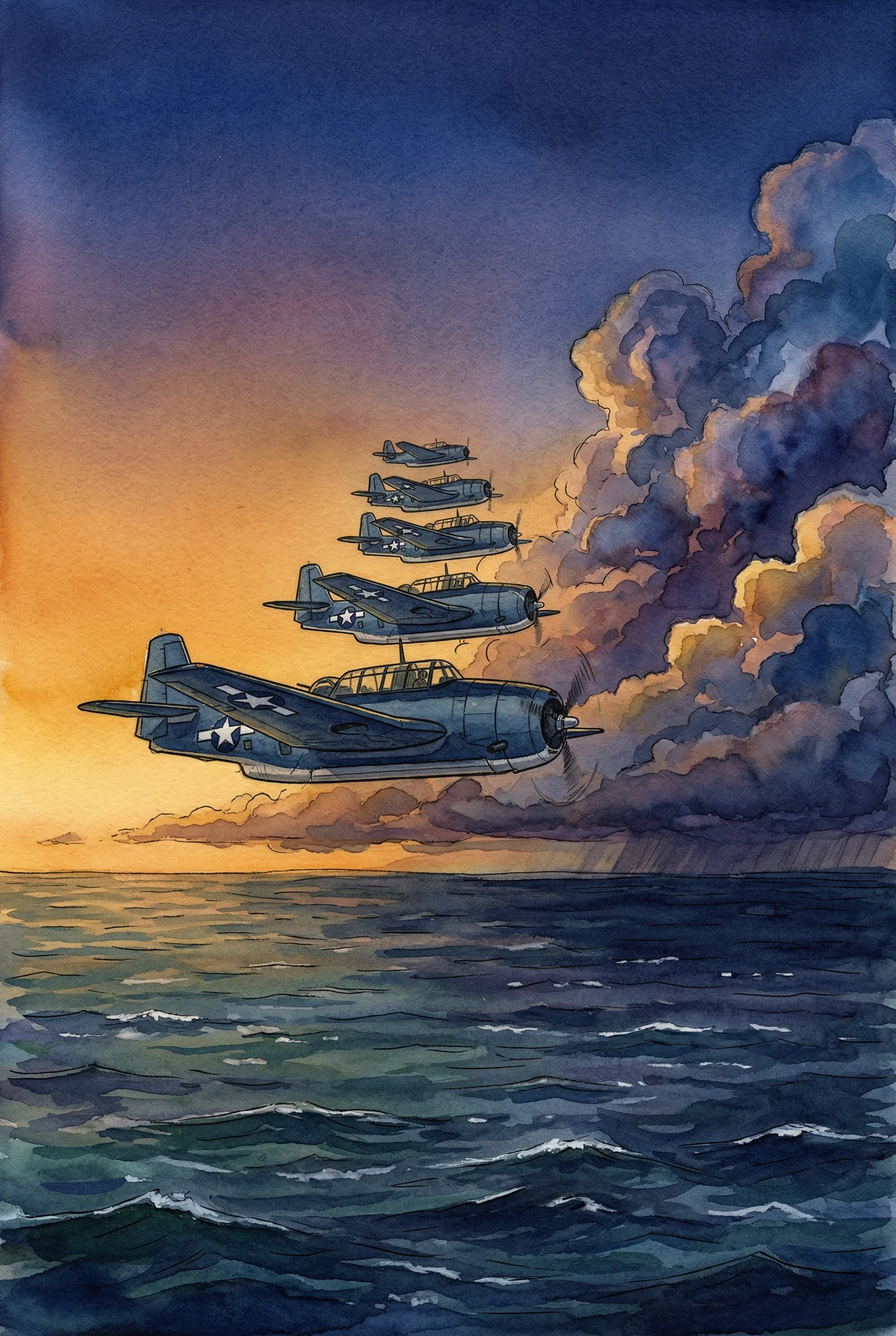 Five TBM Avenger torpedo bombers flying in formation over a dark ocean at golden hour