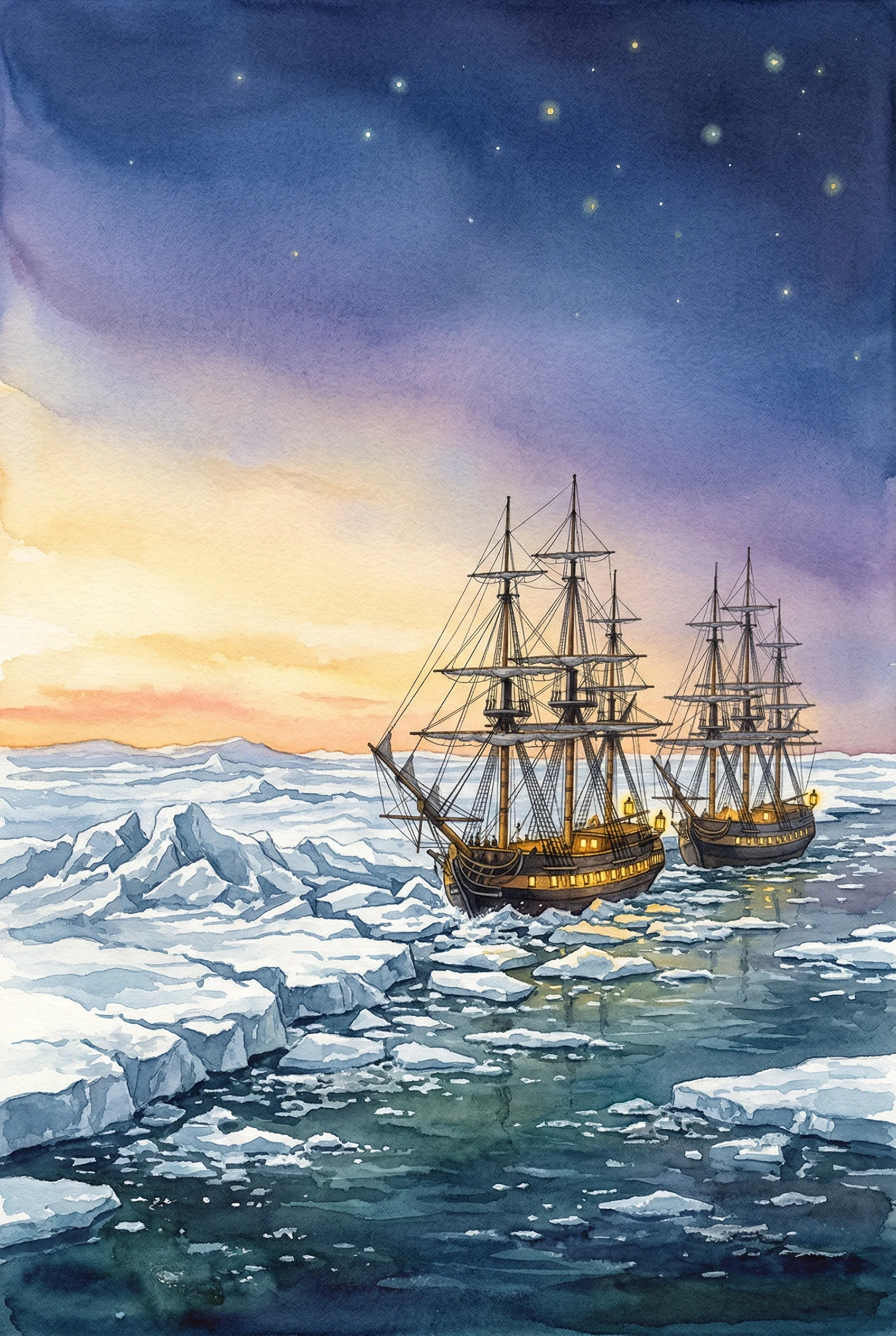 Two Royal Navy ships at the edge of the Arctic ice under a twilight sky
