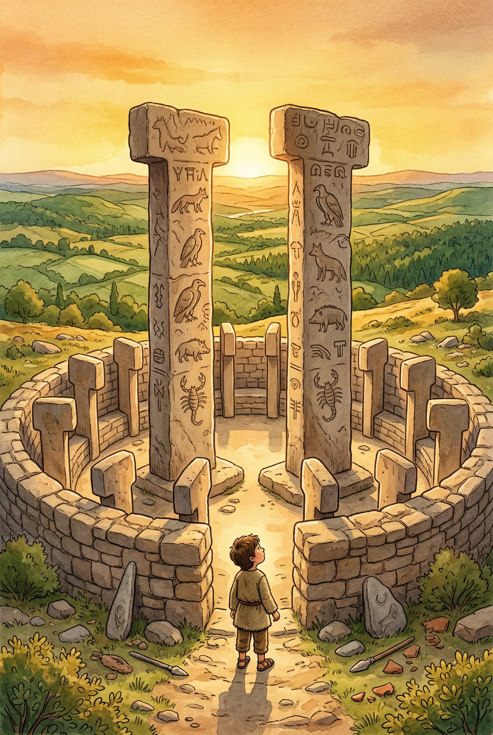 Massive T-shaped stone pillars standing in a circular enclosure on a hilltop, carved with mysterious animal figures