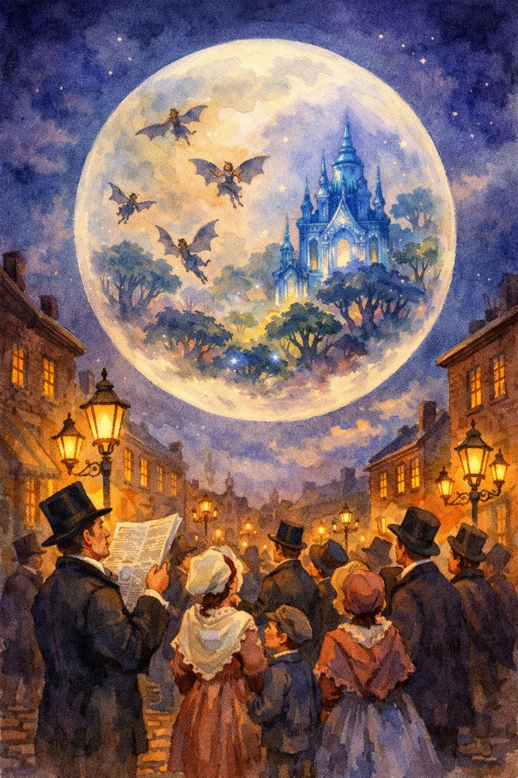 A dramatic illustration of bat-winged humanoids on the Moon's surface with a telescope pointed at them from Earth