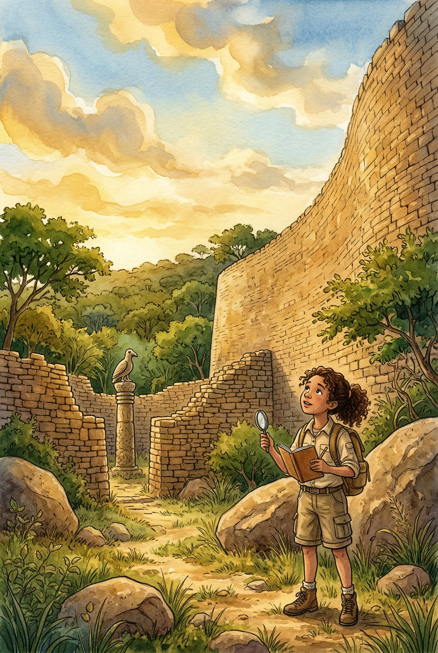 The massive curved stone walls of the Great Enclosure at Great Zimbabwe rising above the African bush