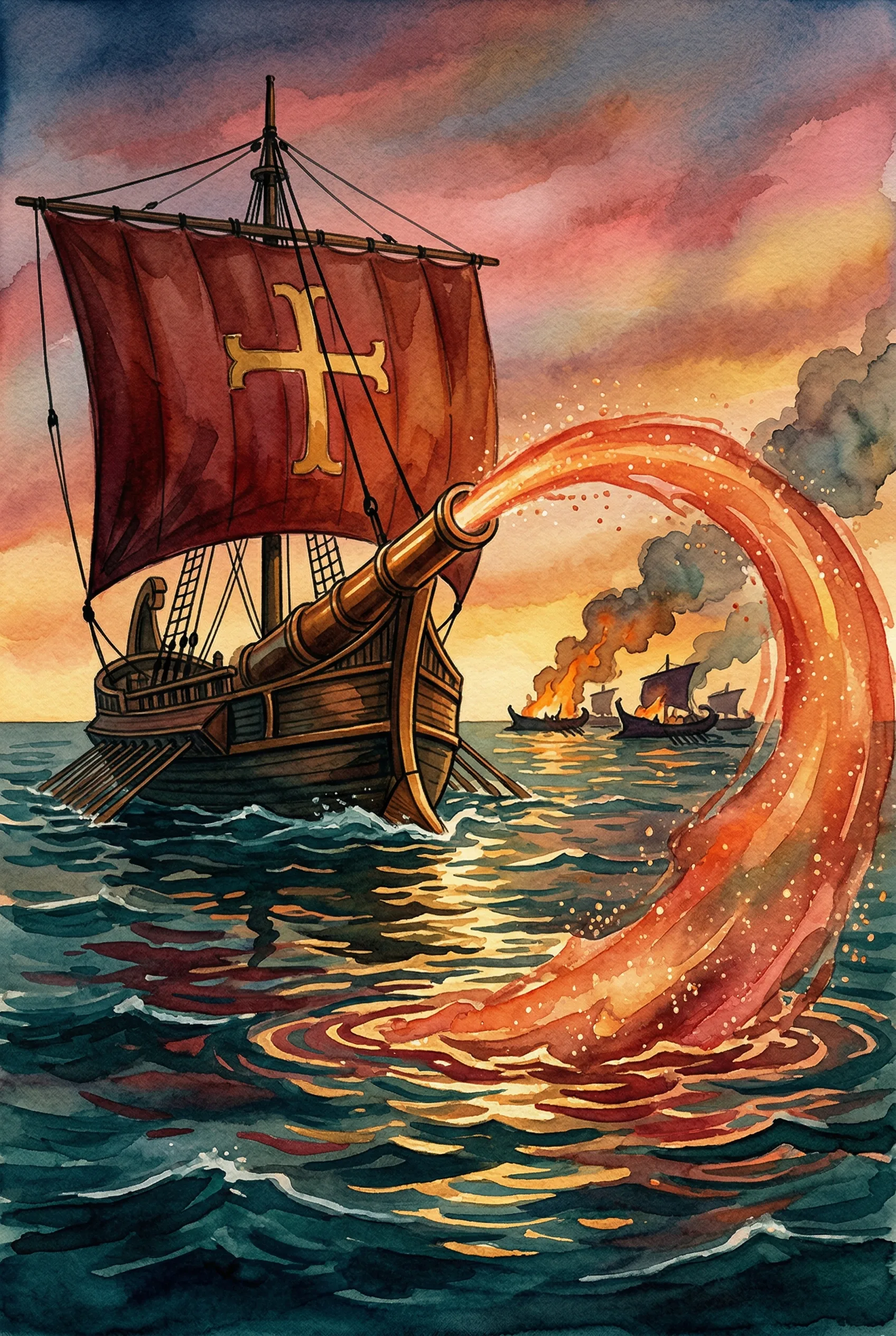 Byzantine warships spraying liquid fire across the sea at enemy vessels in a dramatic naval battle