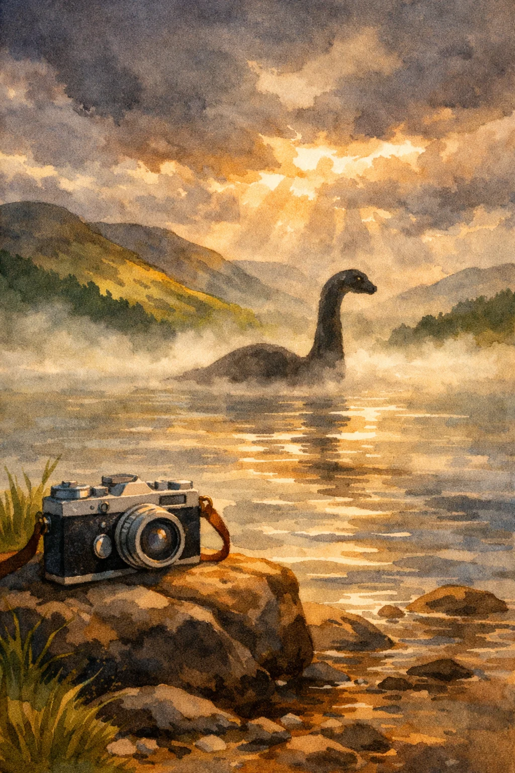 A dark shape rising from the misty waters of Loch Ness, with Scottish highlands in the background