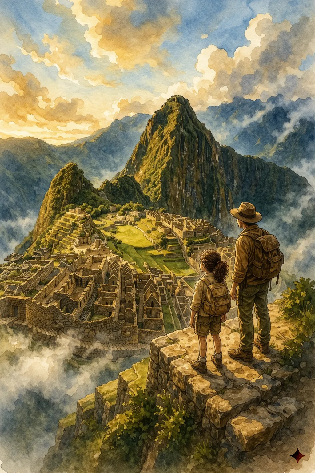 The ancient stone city of Machu Picchu perched on a mountain ridge above the clouds, surrounded by green peaks