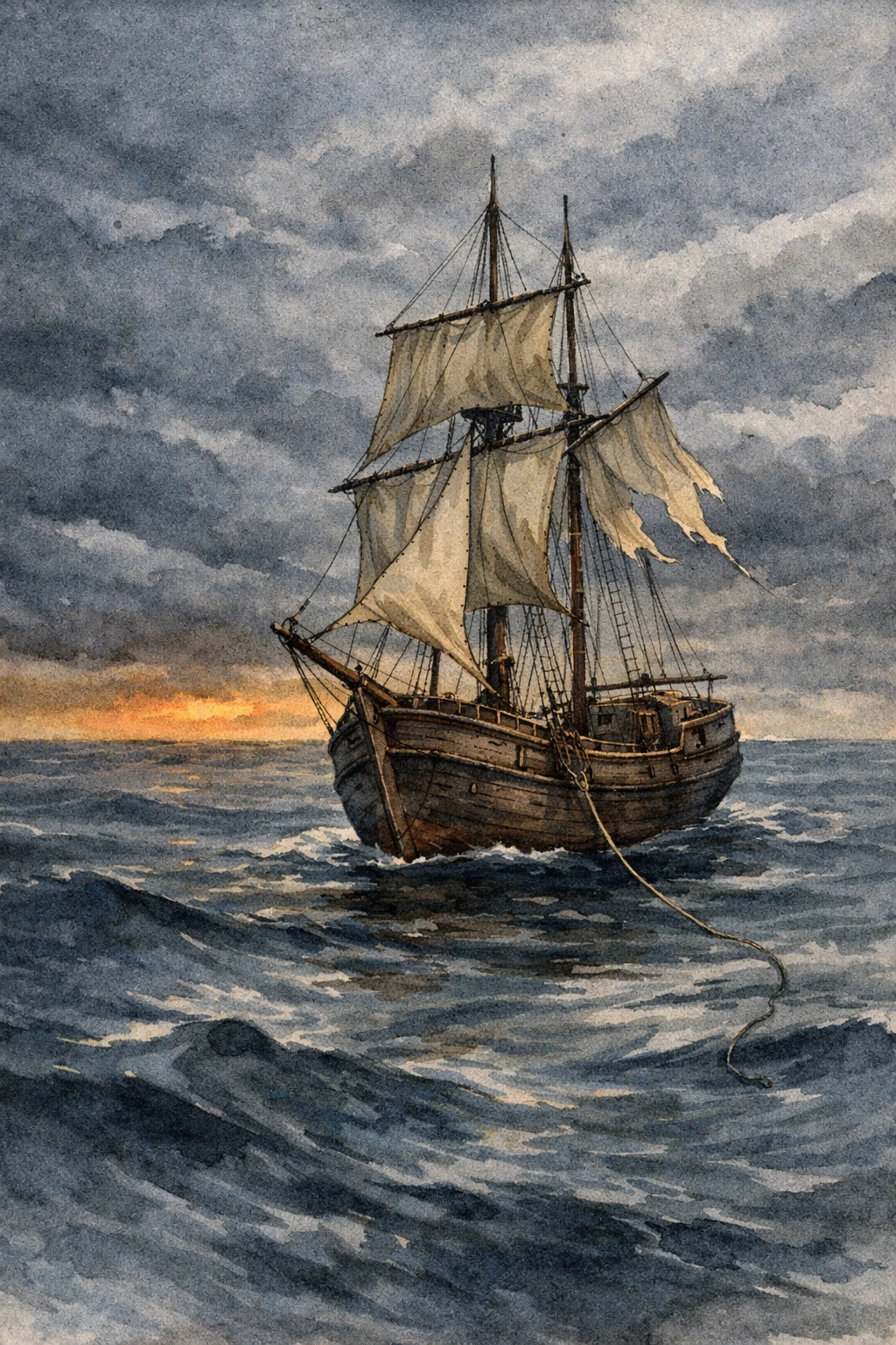 A sailing ship drifting alone on a grey Atlantic sea, its sails half-set, no crew visible anywhere on deck