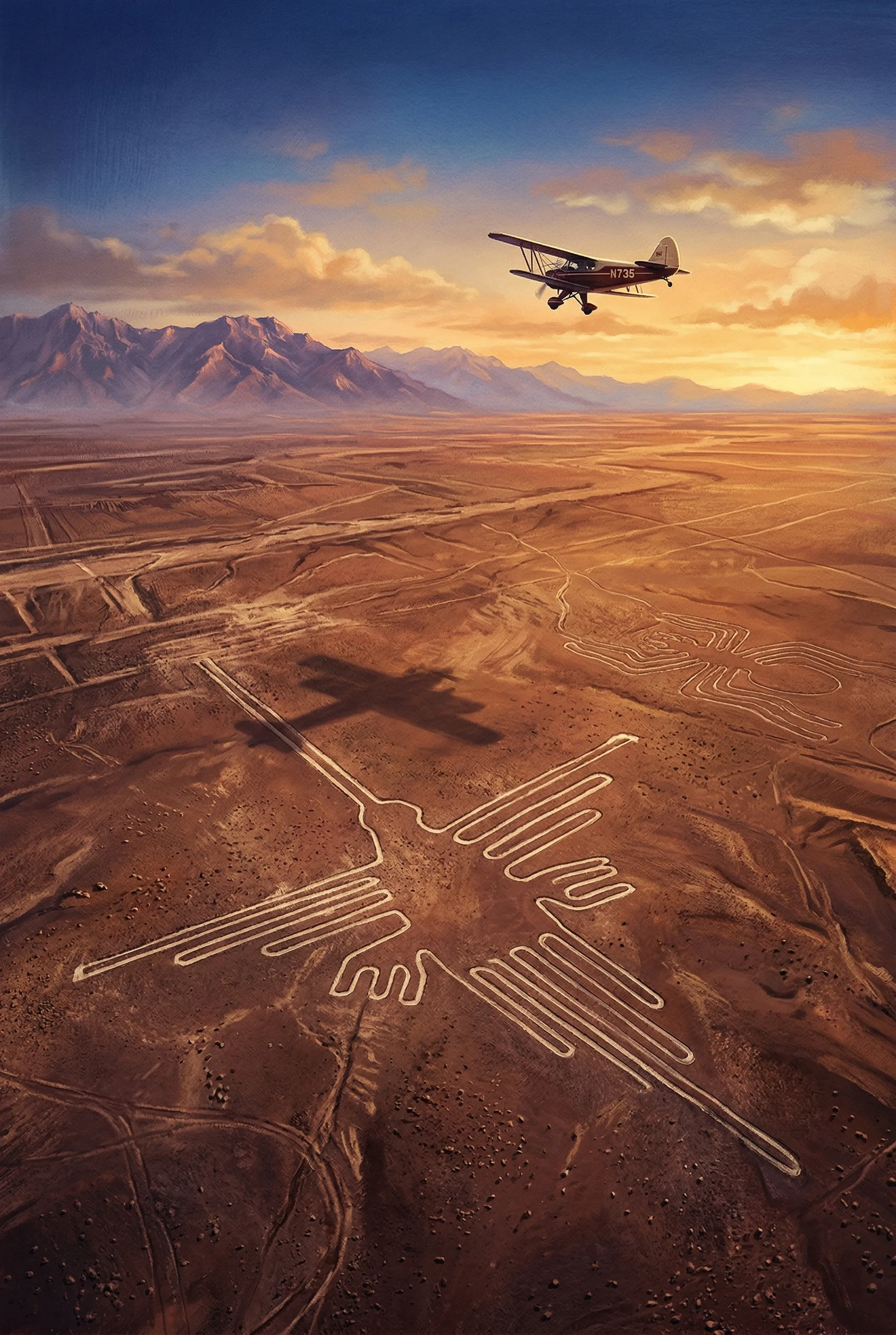 Aerial view of enormous geoglyphs etched into the desert floor of southern Peru