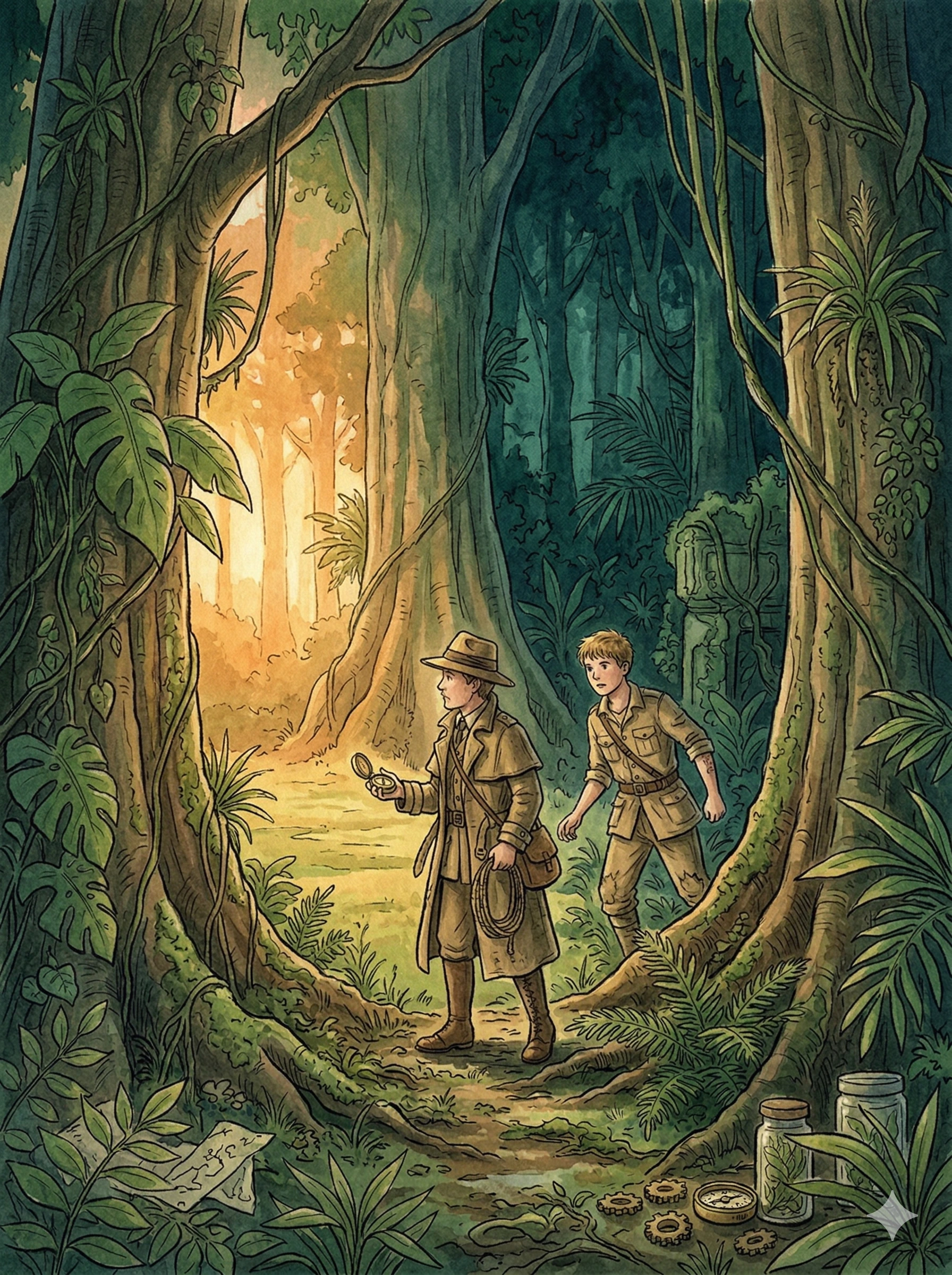 An explorer walking alone into a vast, dark Amazon jungle, tall trees swallowing the light ahead of him