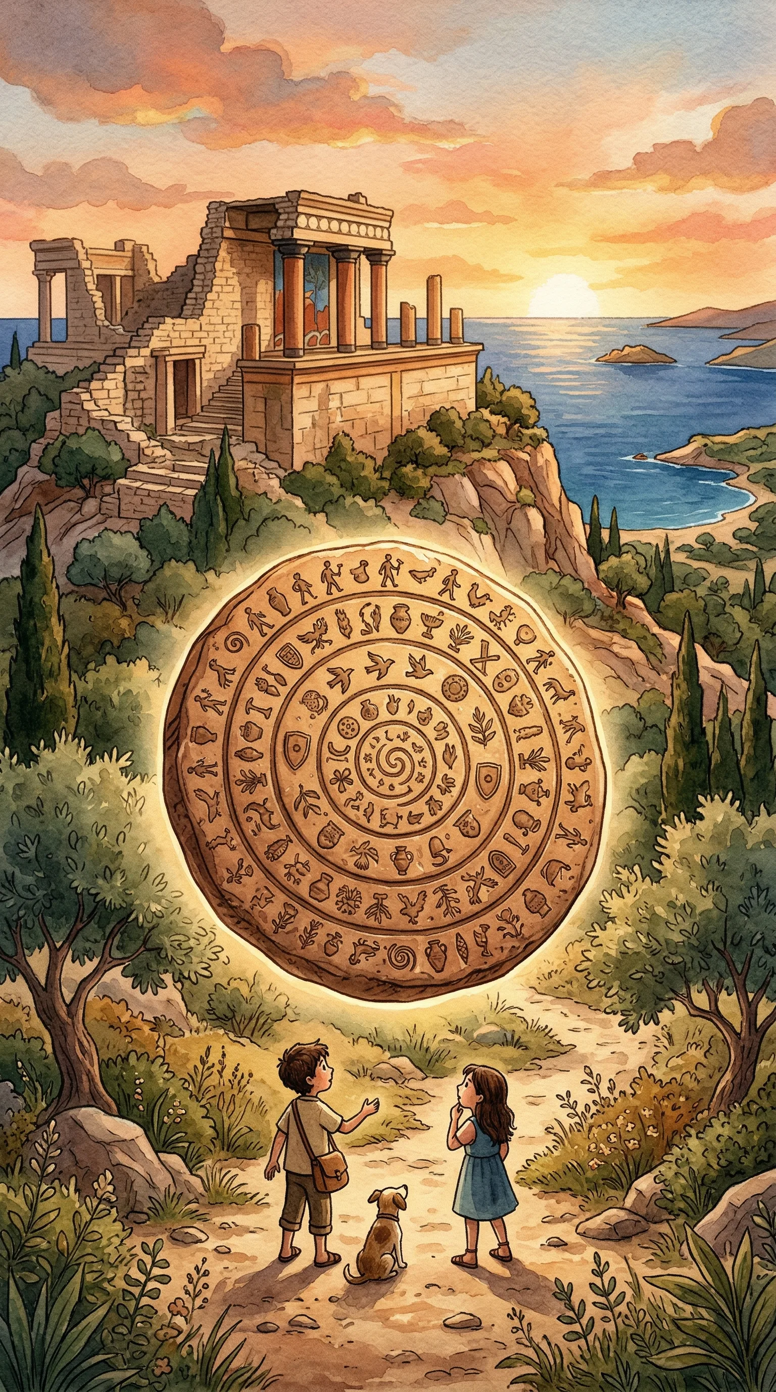 A clay disc covered in mysterious stamped symbols, glowing in warm light against the ruins of an ancient Minoan palace