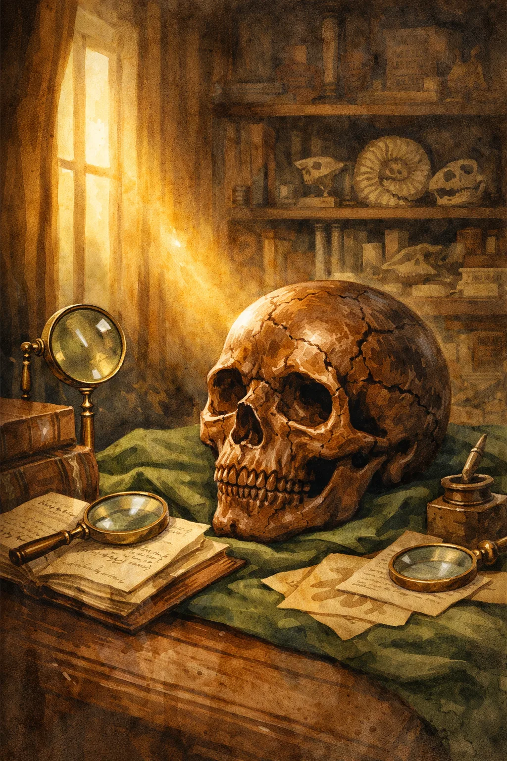 A dark-stained skull lying on a table in a museum, surrounded by scientific instruments and notes