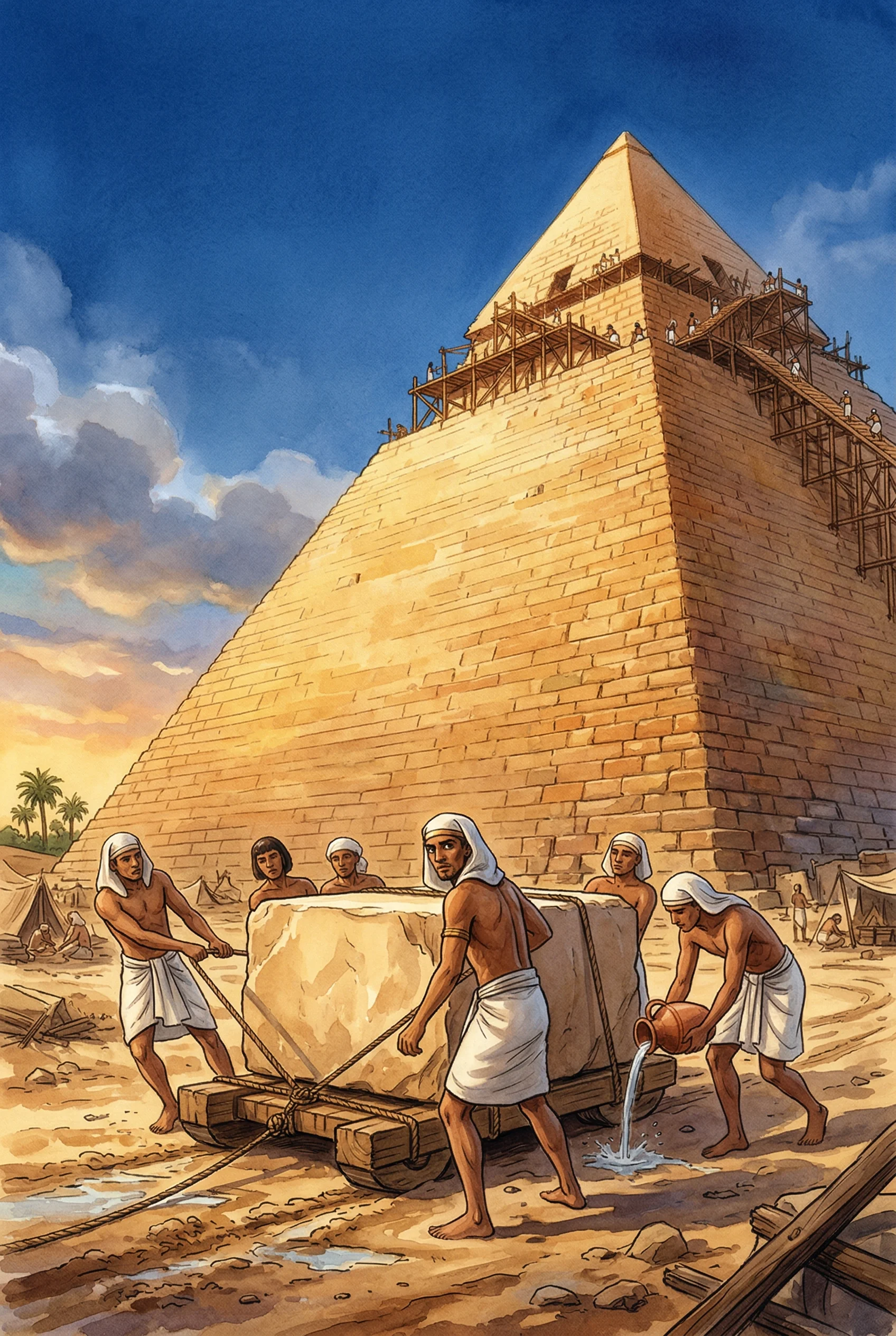 The Great Pyramid of Giza rising against a golden sky, with workers and sledges in the foreground
