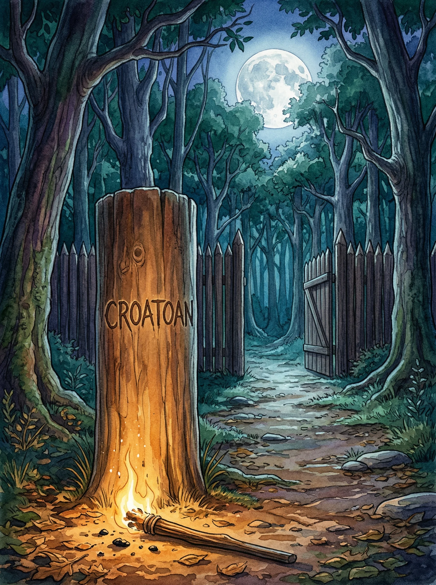 A wooden post with CROATOAN carved into it standing before an empty palisade fort at night