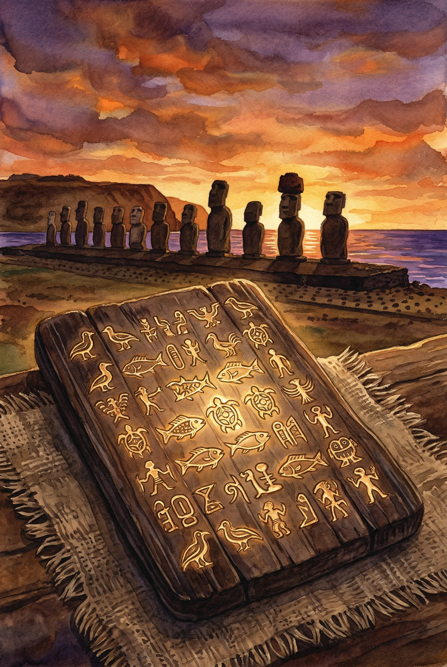 Carved wooden rongorongo tablets with mysterious glyphs, set against Easter Island moai statues at sunset