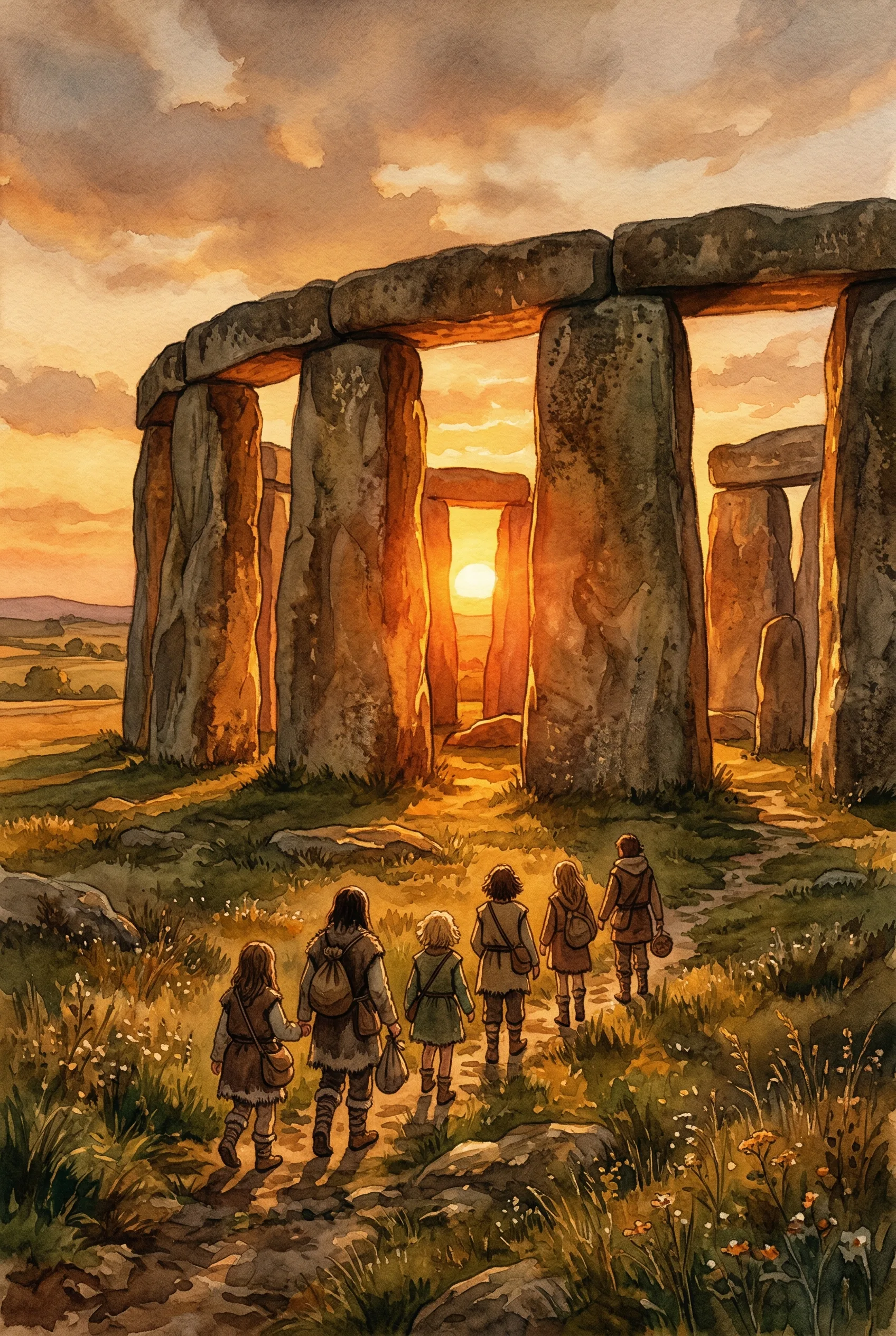 Stonehenge at dawn with golden light streaming through the ancient stone circle on Salisbury Plain