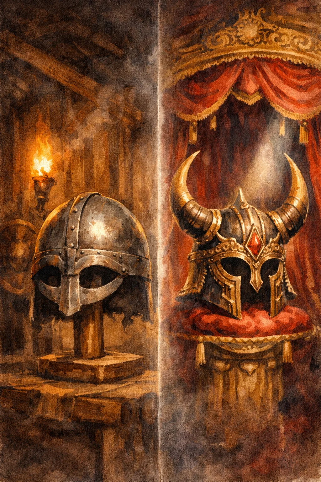 A Viking iron helmet without horns displayed against a dramatic background