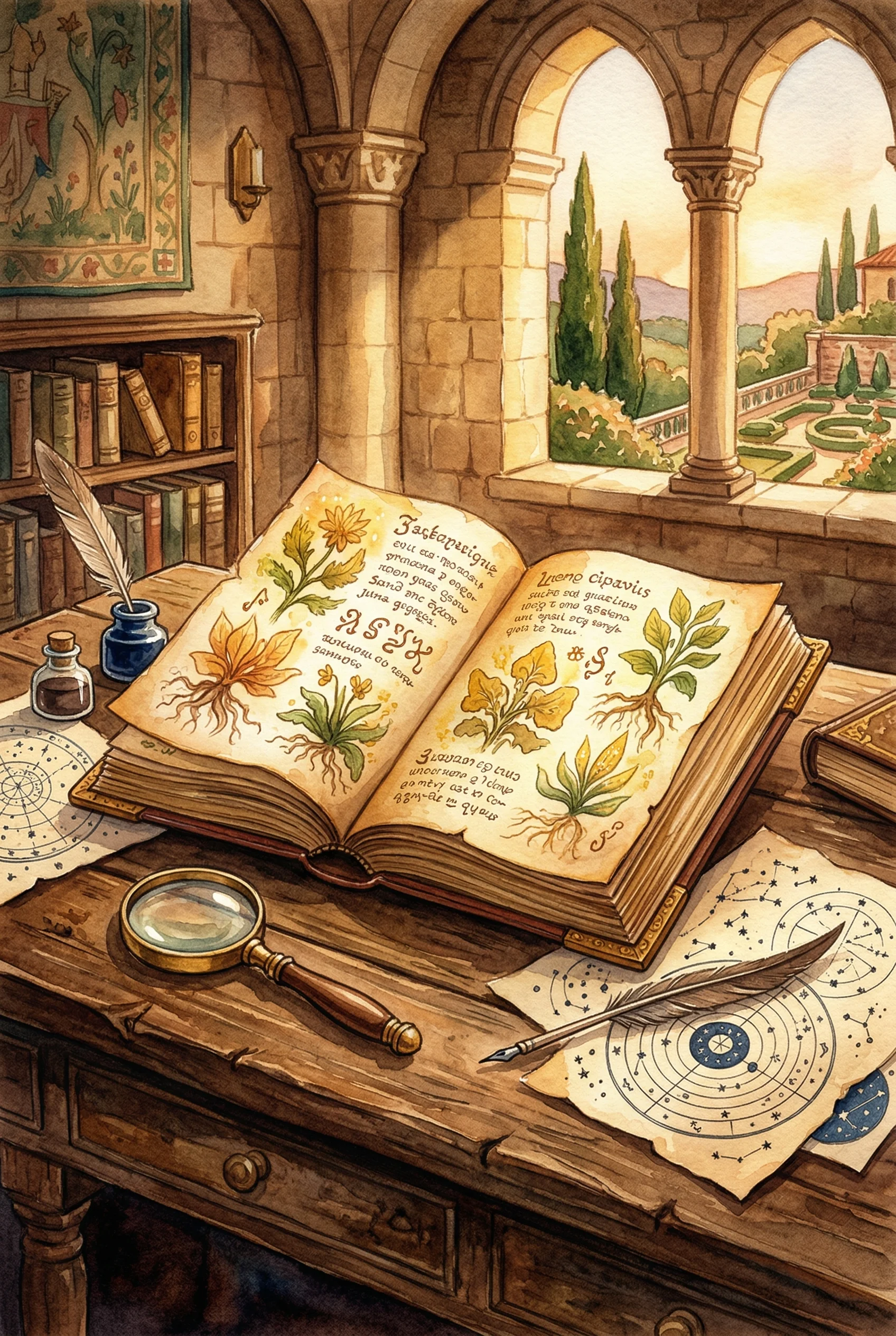 A mysterious medieval manuscript open on a desk, showing strange botanical illustrations and an unknown script